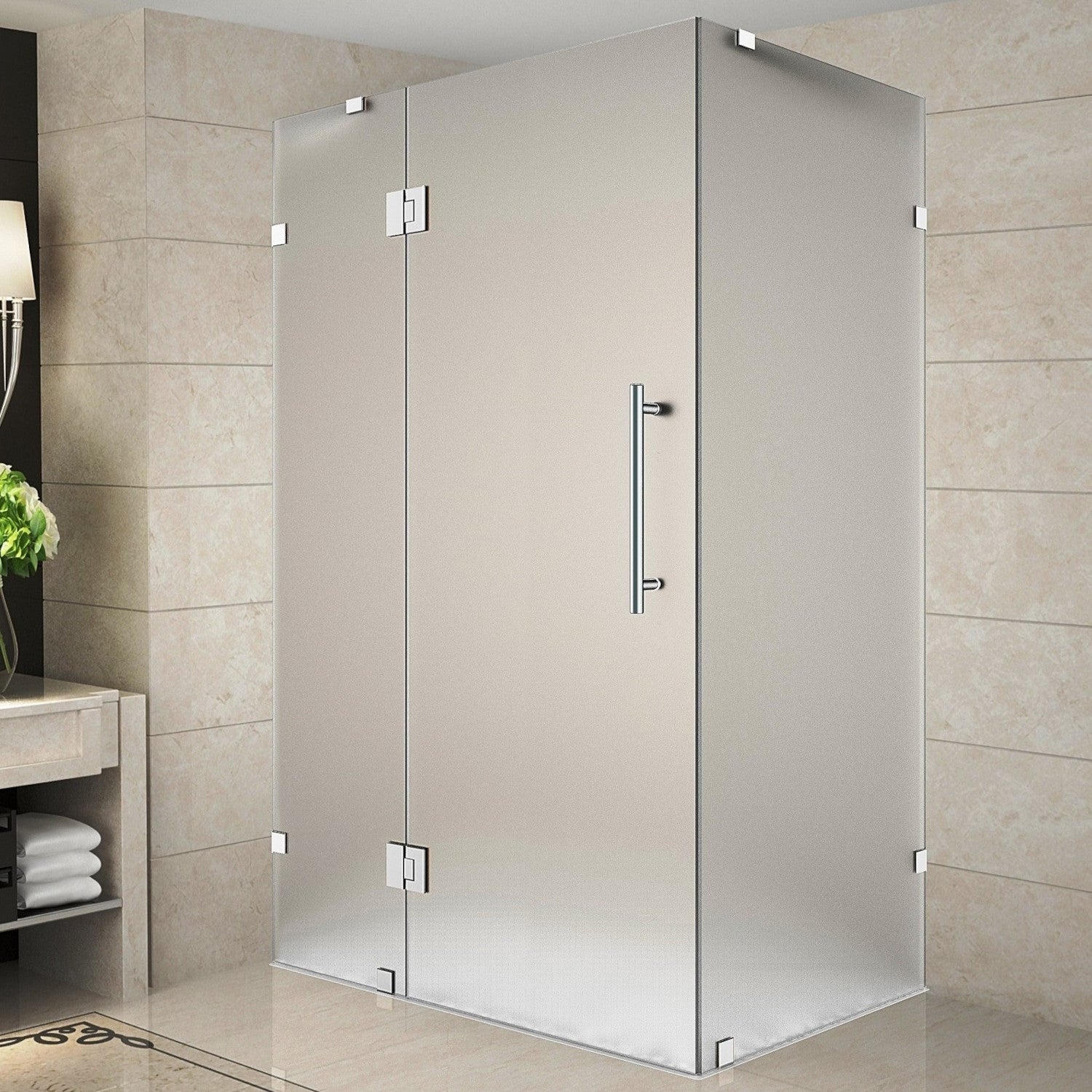 Avalux 58 in. W x 34 in. D x 72 in. H Frameless Corner Hinged Shower Enclosure with Frosted Glass in Chrome 2