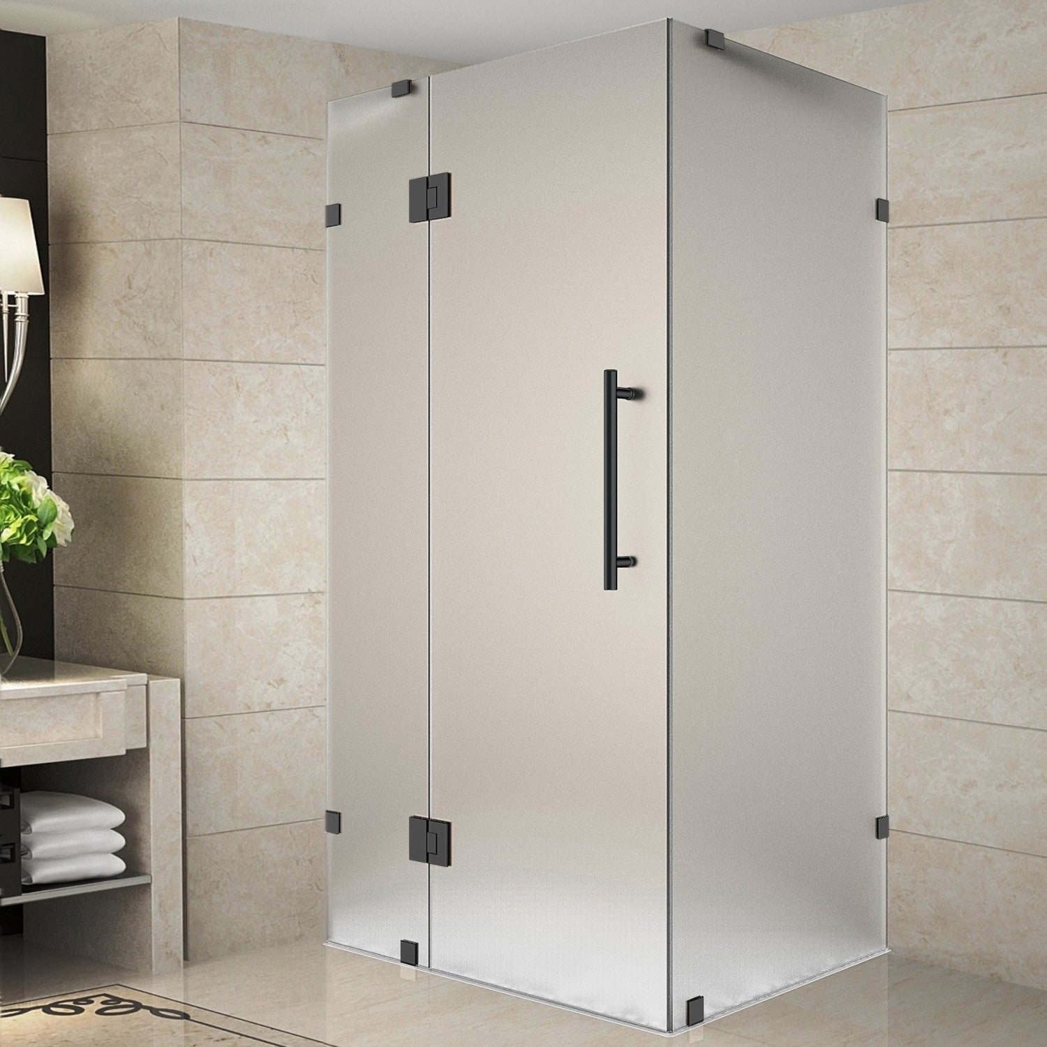 Avalux 39 in. W x 30 in. D x 72 in. H Frameless Corner Hinged Shower Enclosure with Frosted Glass in Matte Black 2