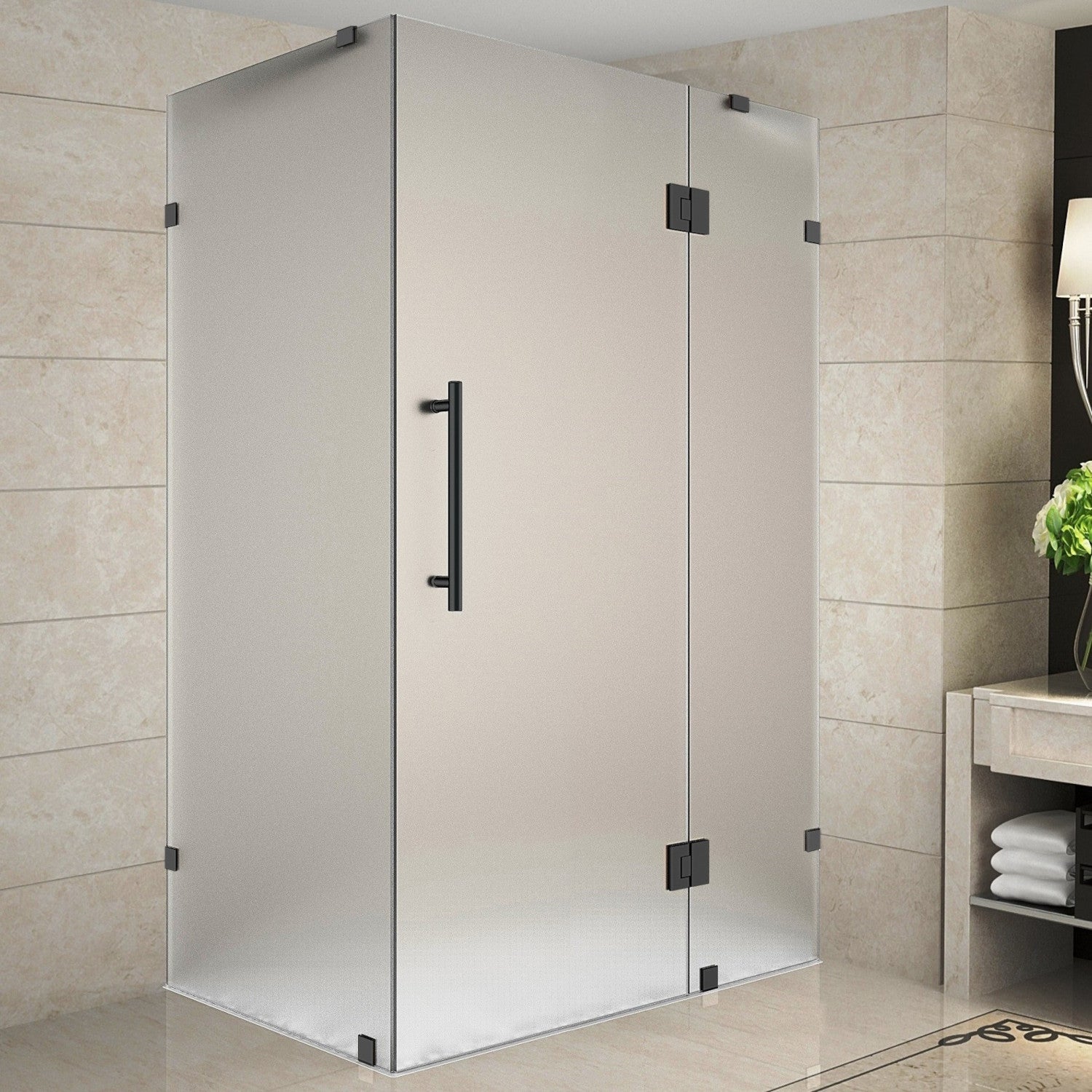 Avalux 60 in. W x 32 in. D x 72 in. H Frameless Corner Hinged Shower Enclosure with Frosted Glass in Matte Black 1