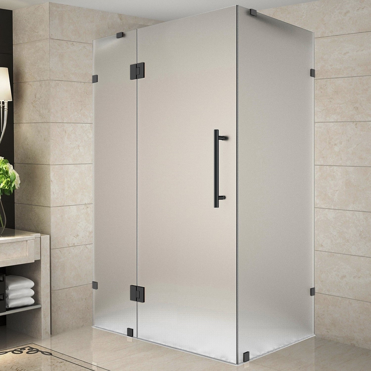 Avalux 44 in. W x 30 in. D x 72 in. H Frameless Corner Hinged Shower Enclosure with Frosted Glass in Matte Black 2