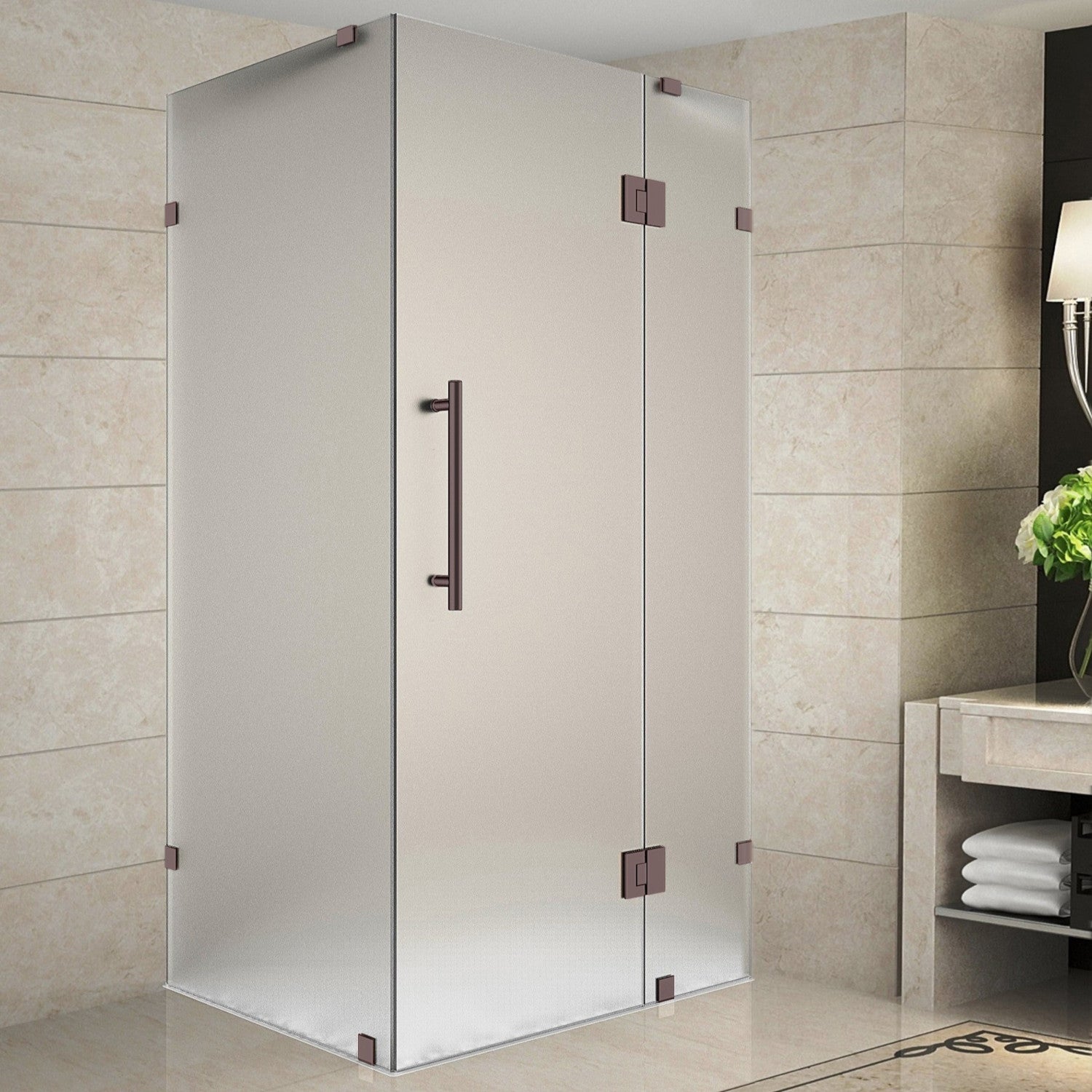 Avalux 32 in. W x 30 in. D x 72 in. H Frameless Corner Hinged Shower Enclosure with Frosted Glass in Bronze 1