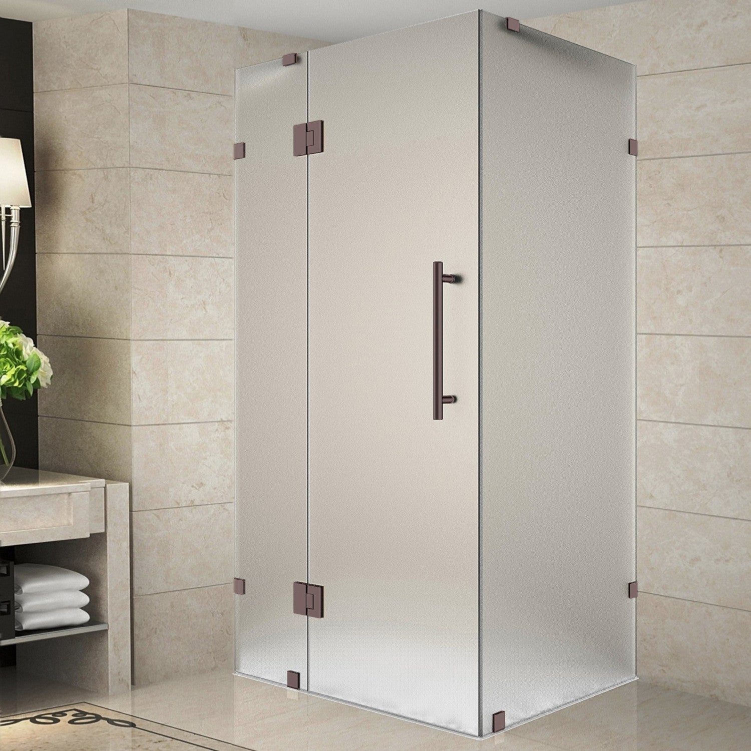 Avalux 33 in. W x 32 in. D x 72 in. H Frameless Corner Hinged Shower Enclosure with Frosted Glass in Bronze 2