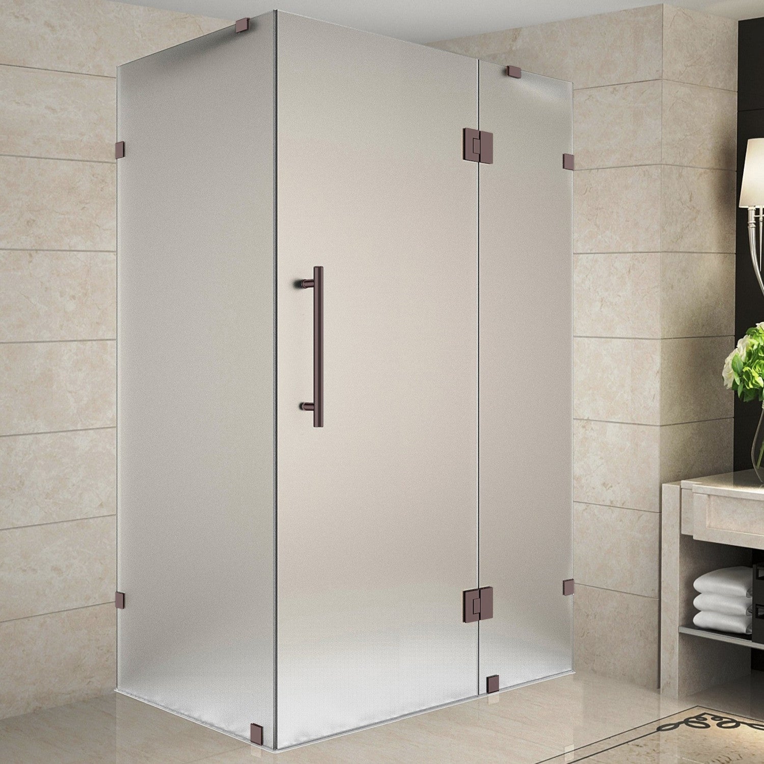Avalux 40 in. W x 30 in. D x 72 in. H Frameless Corner Hinged Shower Enclosure with Frosted Glass in Bronze 1
