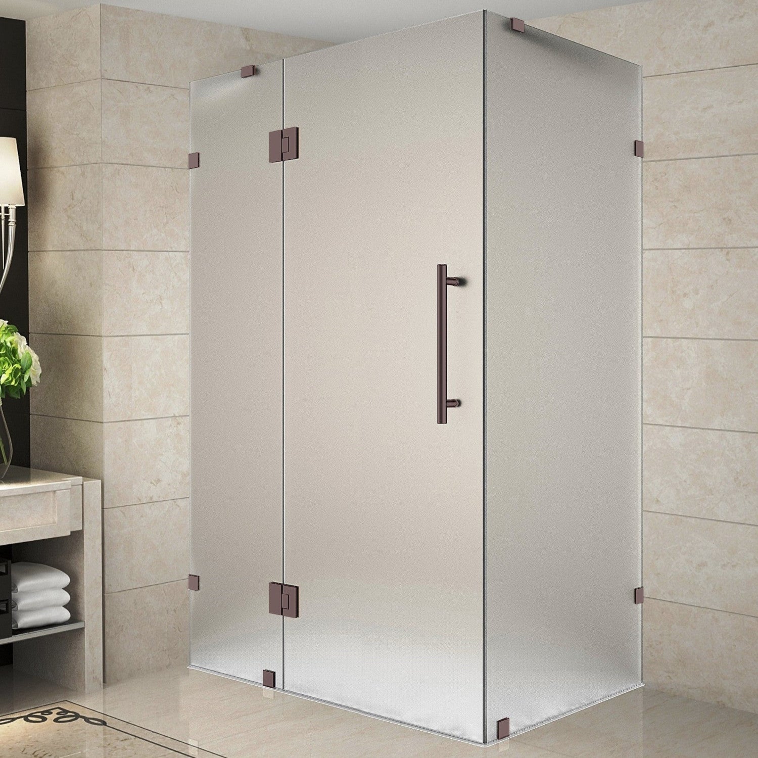 Avalux 45 in. W x 38 in. D x 72 in. H Frameless Corner Hinged Shower Enclosure with Frosted Glass in Bronze 2