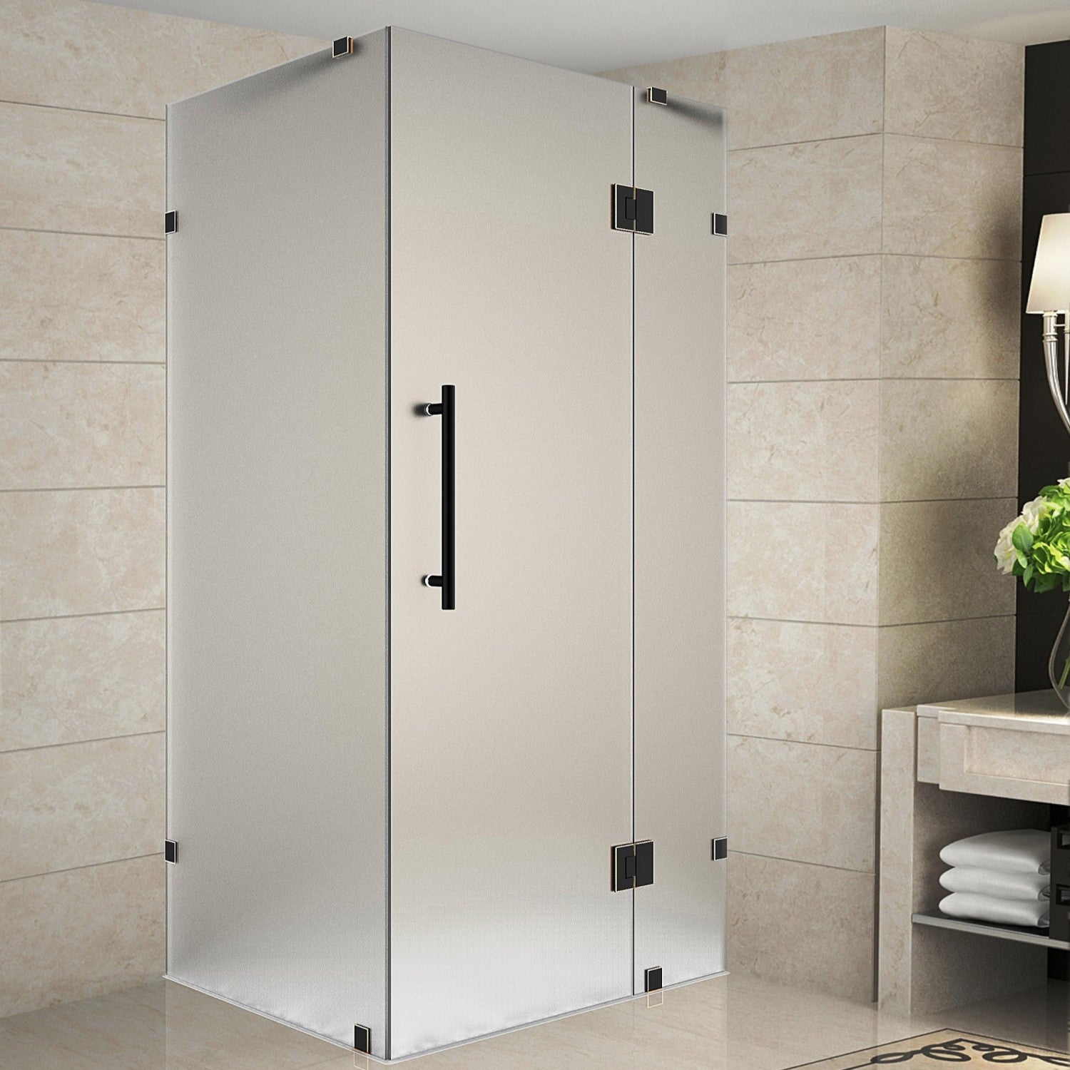 Avalux 32 in. W x 30 in. D x 72 in. H Frameless Corner Hinged Shower Enclosure with Frosted Glass in Oil Rubbed Bronze 1