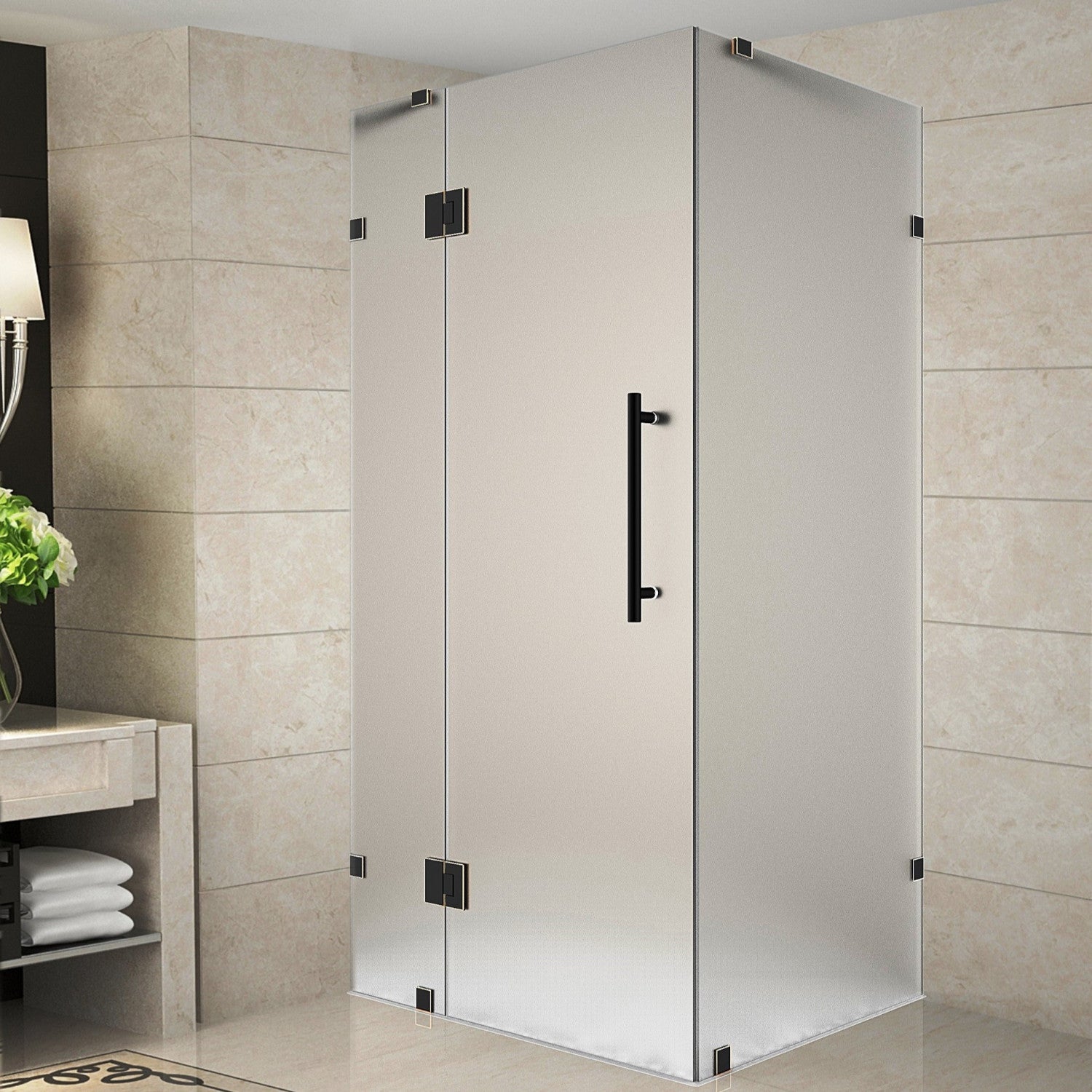 Avalux 32 in. W x 34 in. D x 72 in. H Frameless Corner Hinged Shower Enclosure with Frosted Glass in Oil Rubbed Bronze 2