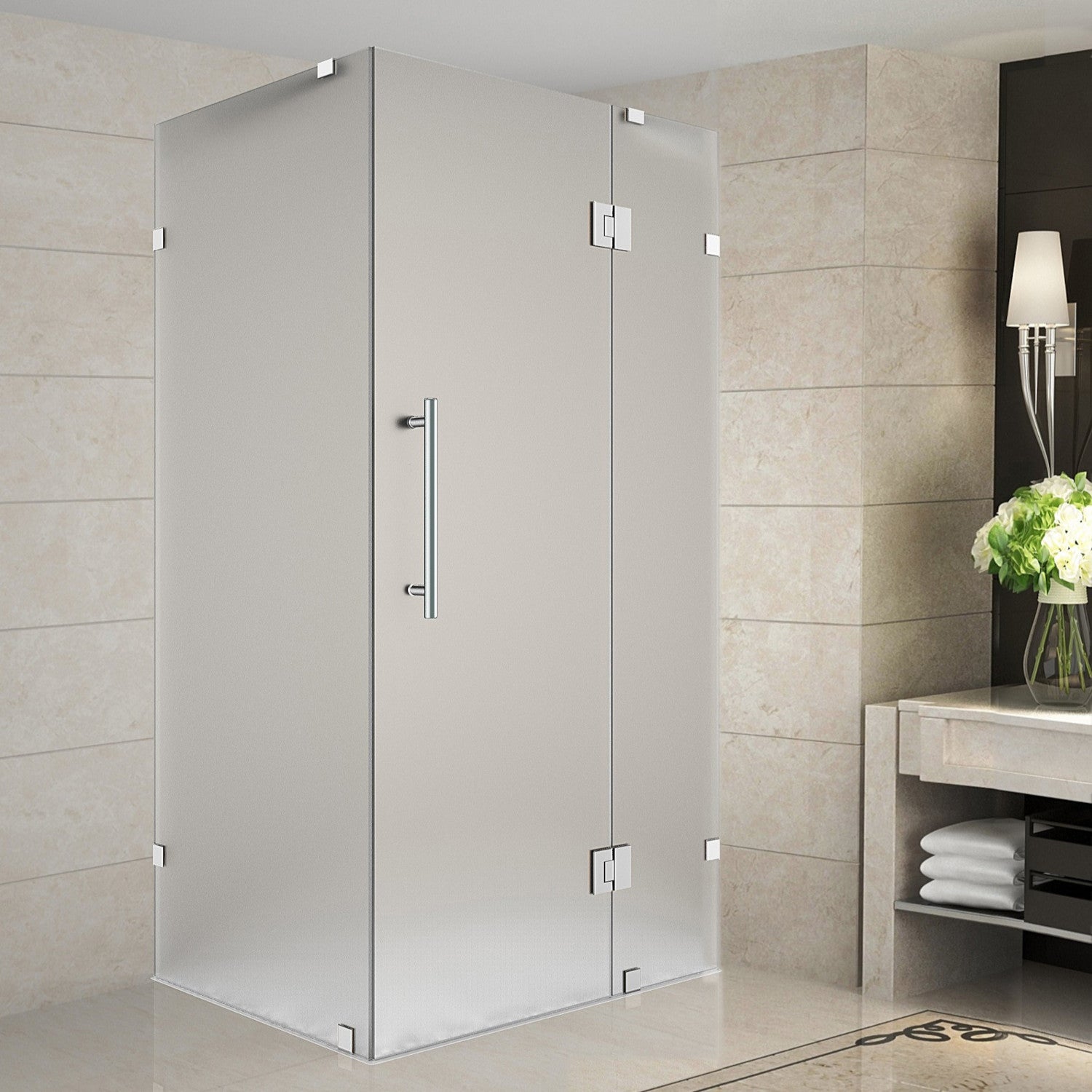Avalux 33 in. W x 34 in. D x 72 in. H Frameless Corner hinged Shower Enclosure with Frosted Glass in Stainless Steel 1