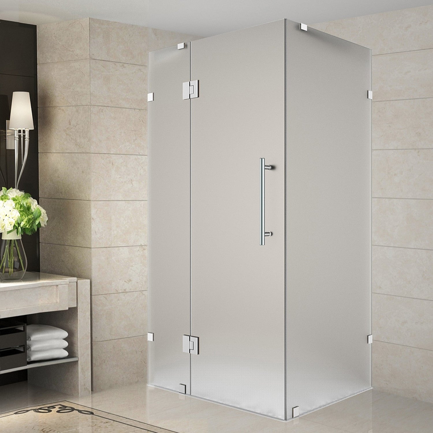 Avalux 35 in. W x 34 in. D x 72 in. H Frameless Corner Hinged Shower Enclosure with Frosted Glass in Stainless Steel 2