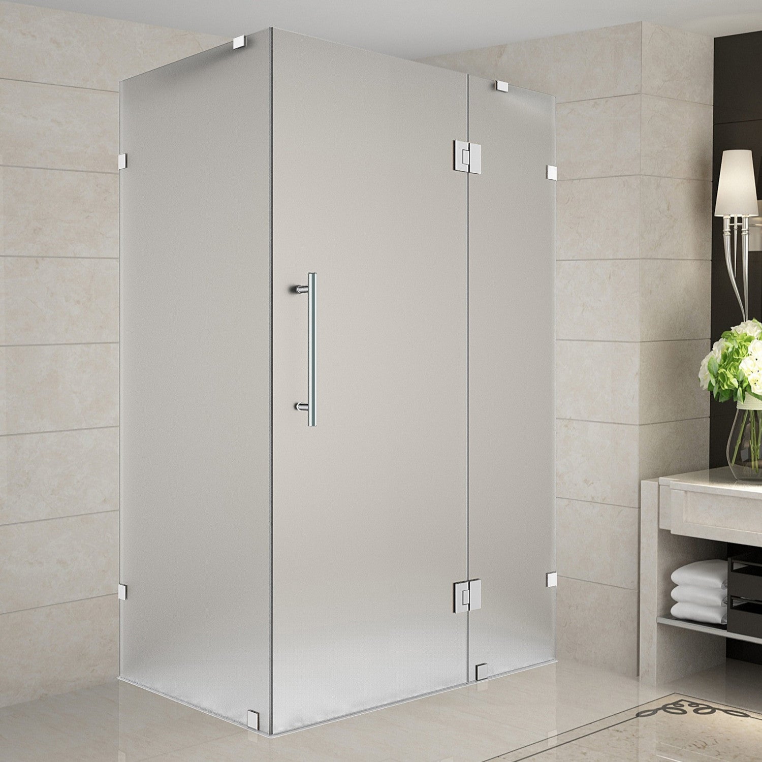 Avalux 41 in. W x 34 in. D x 72 in. H Frameless Corner Hinged Shower Enclosure with Frosted Glass in Stainless Steel 1