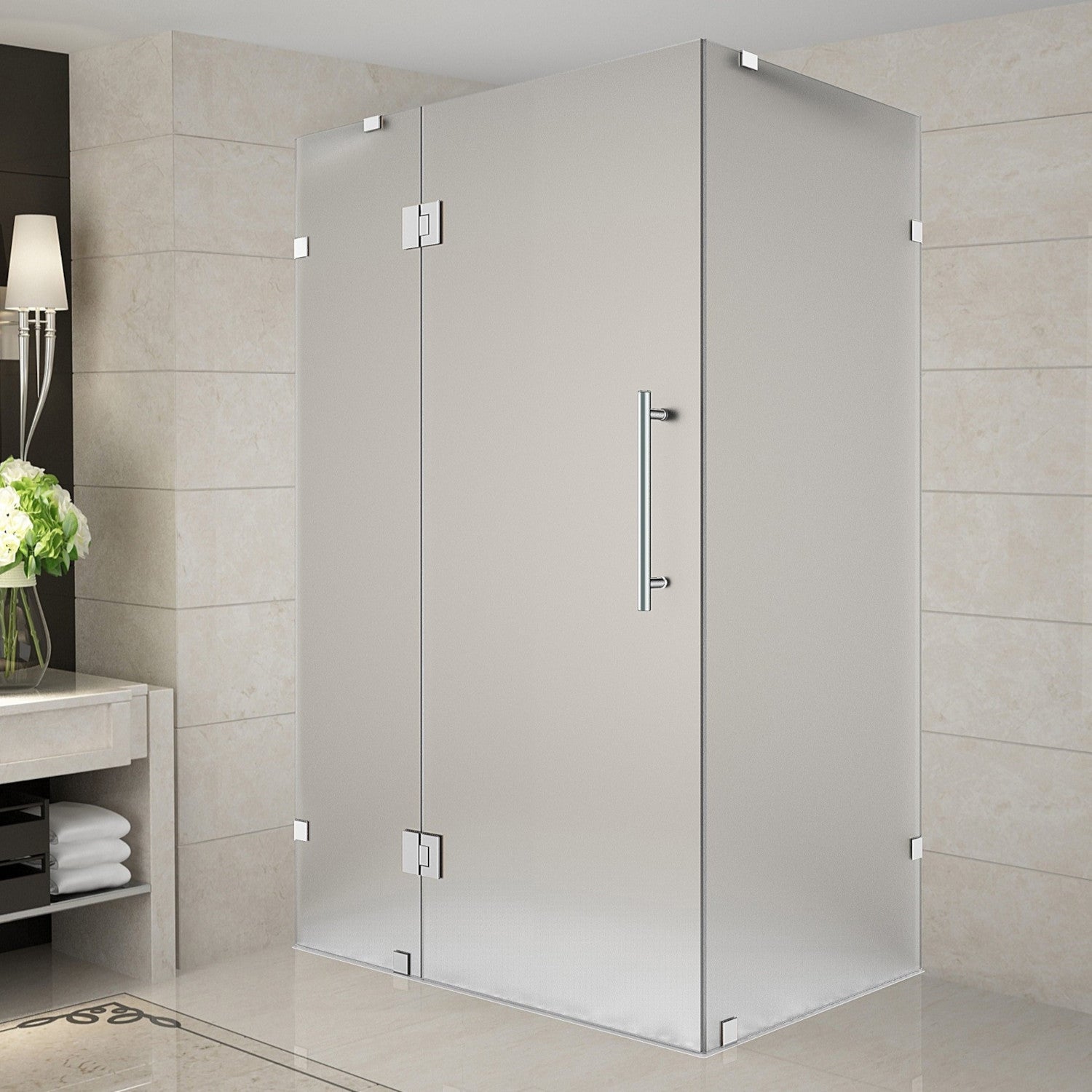 Avalux 40 in. W x 30 in. D x 72 in. H Frameless Corner hinged Shower Enclosure with Frosted Glass in Stainless Steel 2