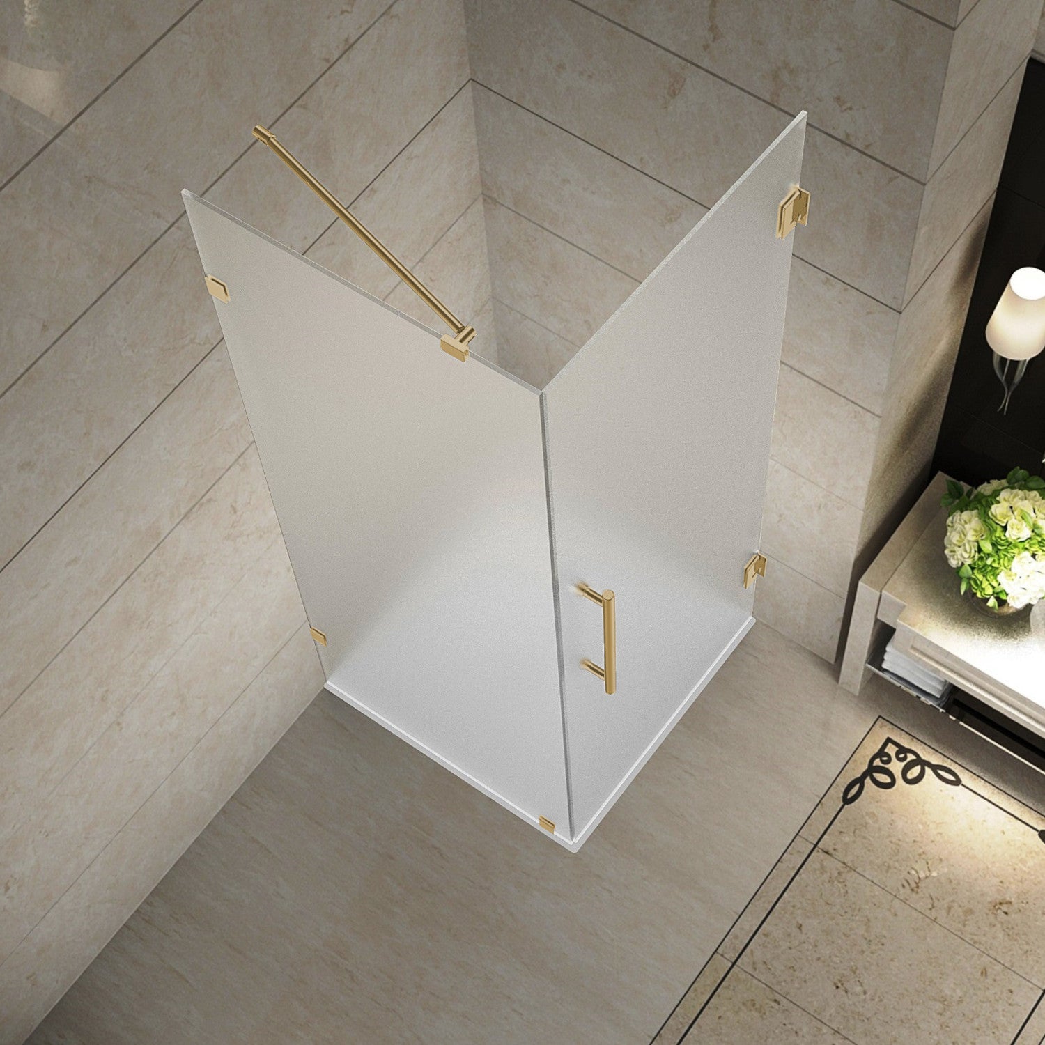 Aquadica 34 in. W x 34 in. D x 72 in. H Frameless Corner Hinged Shower Enclosure with Frosted Glass in Brushed Gold 2