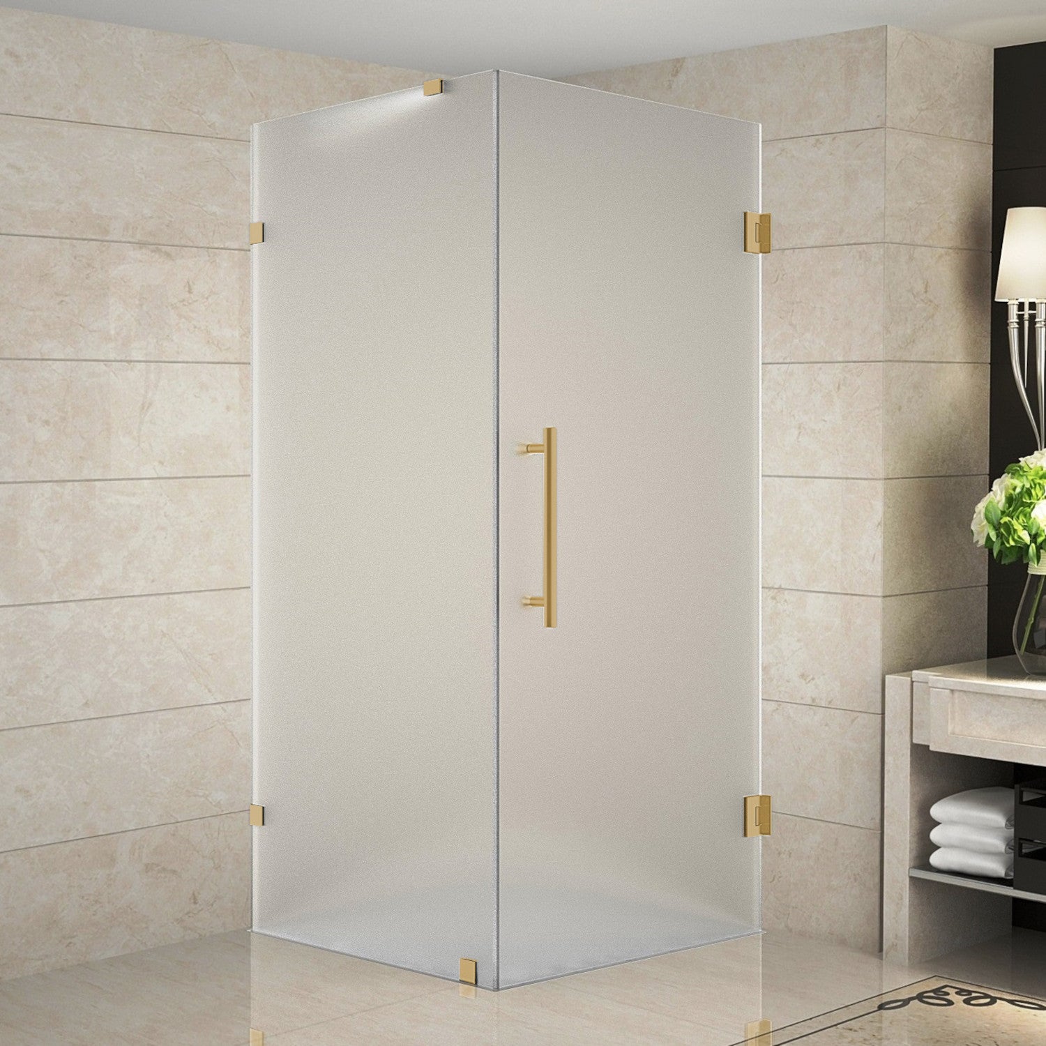Aquadica 34 in. W x 34 in. D x 72 in. H Frameless Corner Hinged Shower Enclosure with Frosted Glass in Brushed Gold 1