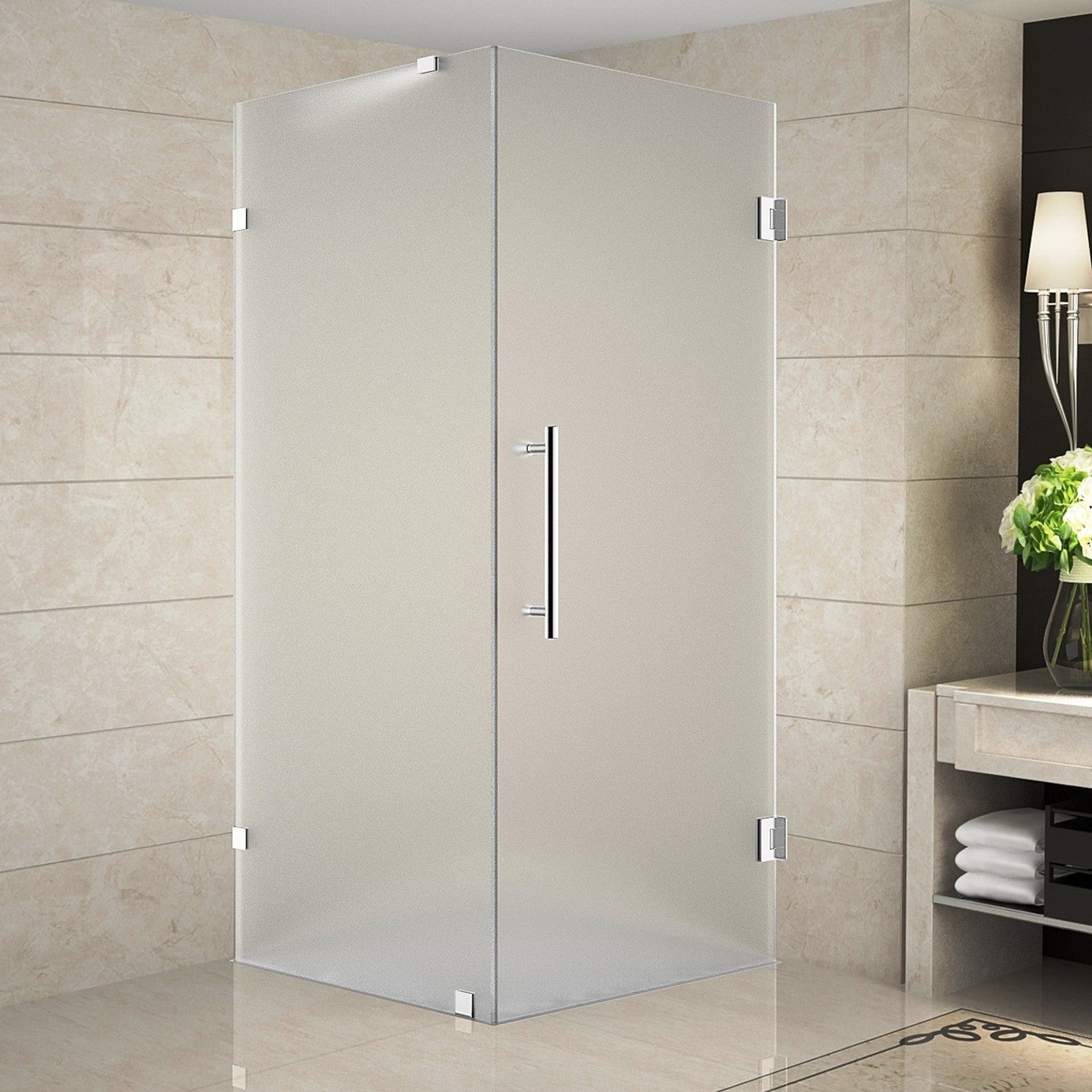 Aquadica 30 in. W x 30 in. D x 72 in. H Frameless Corner Hinged Shower Enclosure with Frosted Glass in Chrome 1