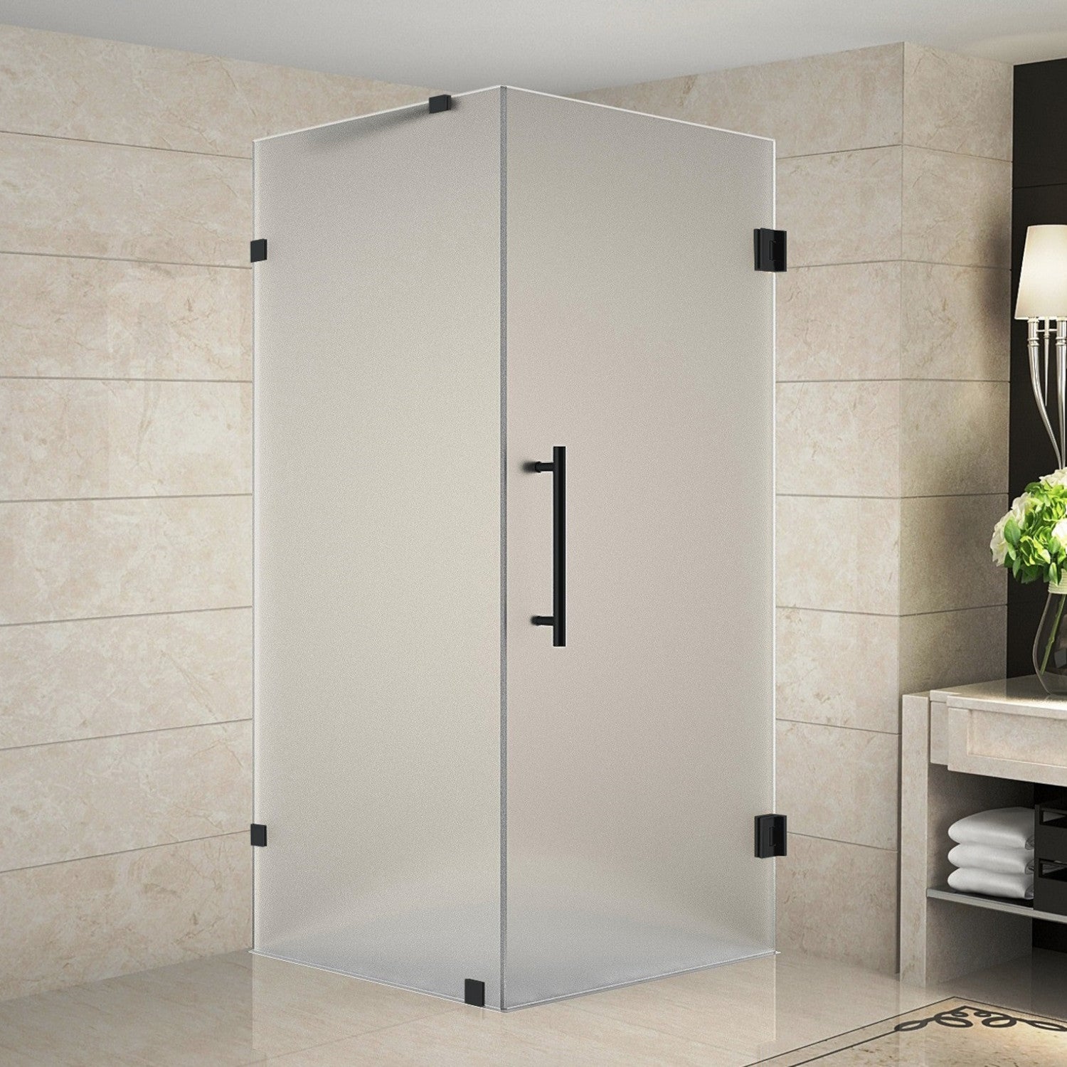 Aquadica 34 in. W x 34 in. D x 72 in. H Frameless Corner Hinged Shower Enclosure with Frosted Glass in Matte Black 1