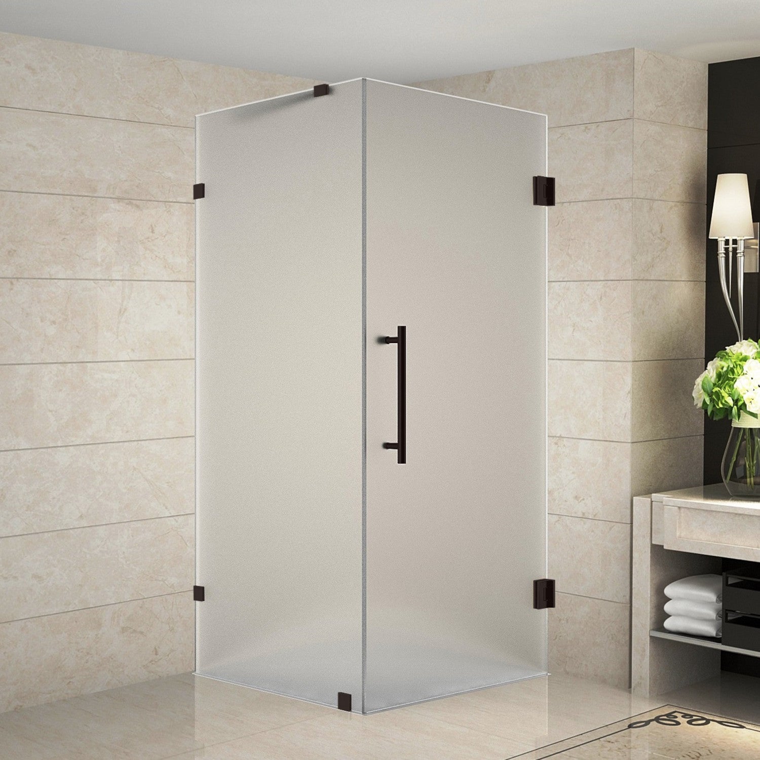Aquadica 32 in. W x 32 in. D x 72 in. H Frameless Corner Hinged Shower Enclosure with Frosted Glass in Bronze 1