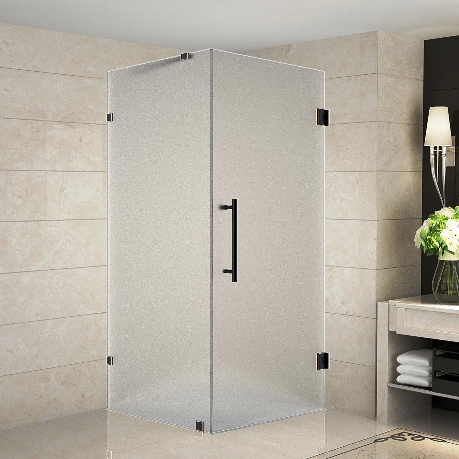 Aquadica 34 in. W x 34 in. D x 72 in. H Frameless Corner Hinged Shower Enclosure with Frosted Glass in Oil Rubbed Bronze 1