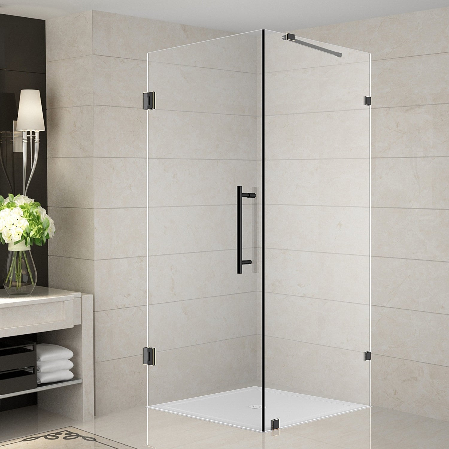 Aquadica 34 in. W x 34 in. D x 72 in. H Frameless Corner Hinged Shower Enclosure with Clear Glass in Oil Rubbed Bronze 1