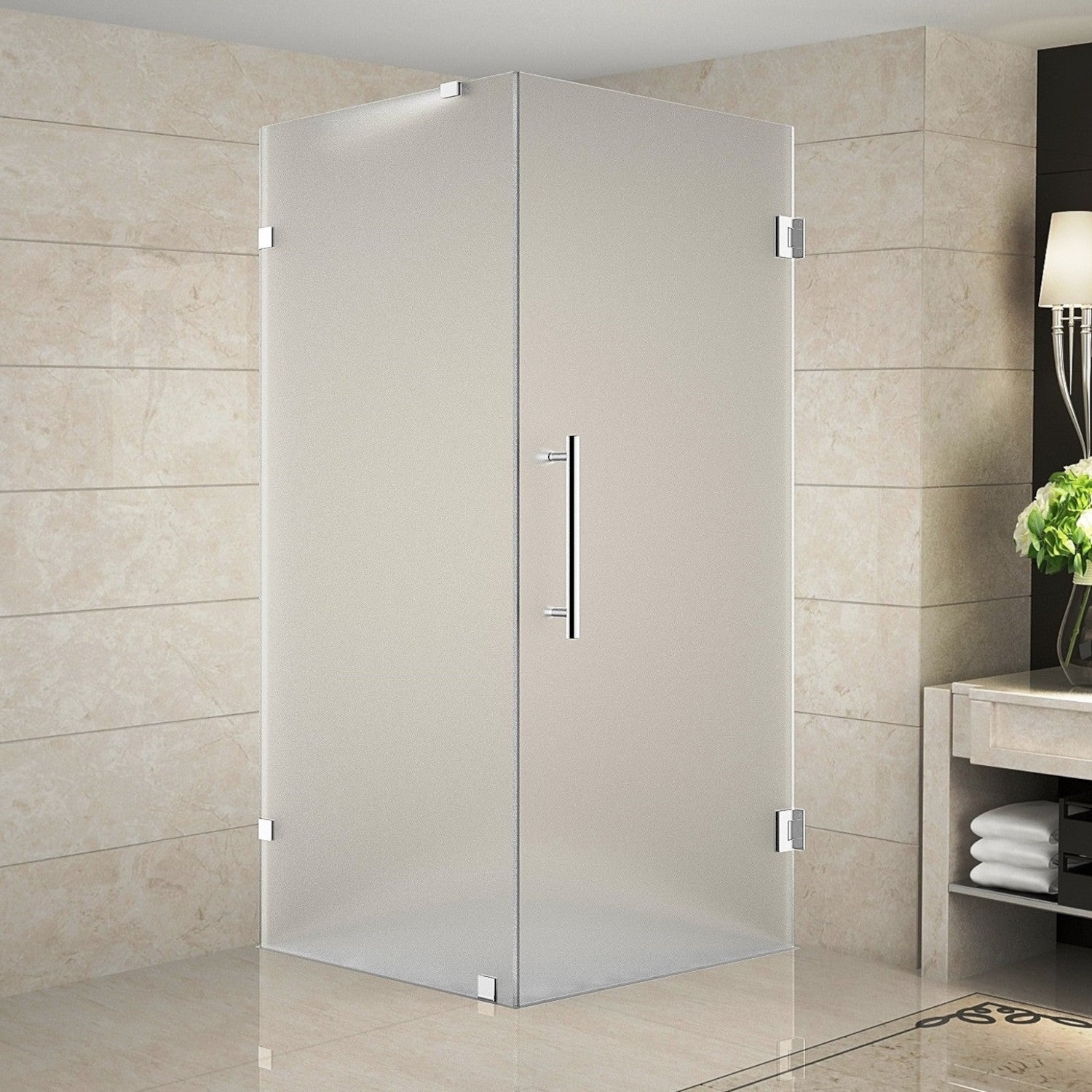 Aquadica 34 in. W x 34 in. D x 72 in. H Frameless Corner Hinged Shower Enclosure with Frosted Glass in Stainless Steel 1