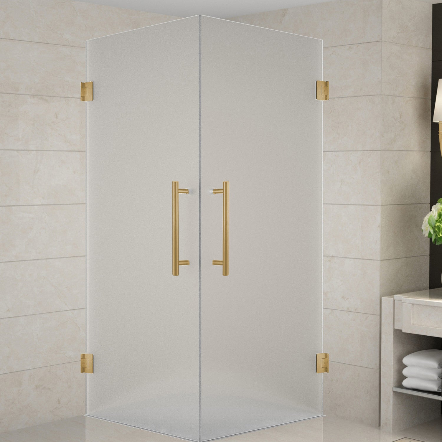 Vanora 30 in. W x 30 in. D x 72 in. H Frameless Hinged Corner Shower Enclosure with Frosted Glass in Brushed Gold 1