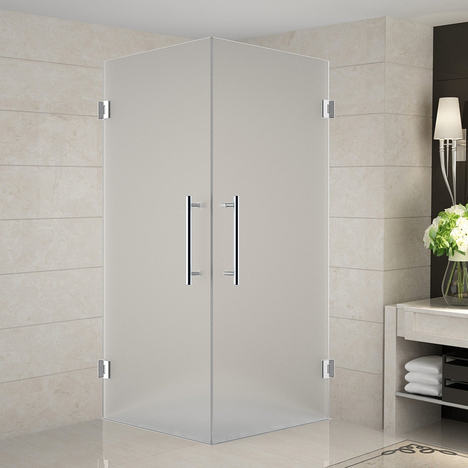 Vanora 34 in. W x 34 in. D x 72 in. H Frameless Hinged Corner Shower Enclosure with Frosted Glass in Chrome 1