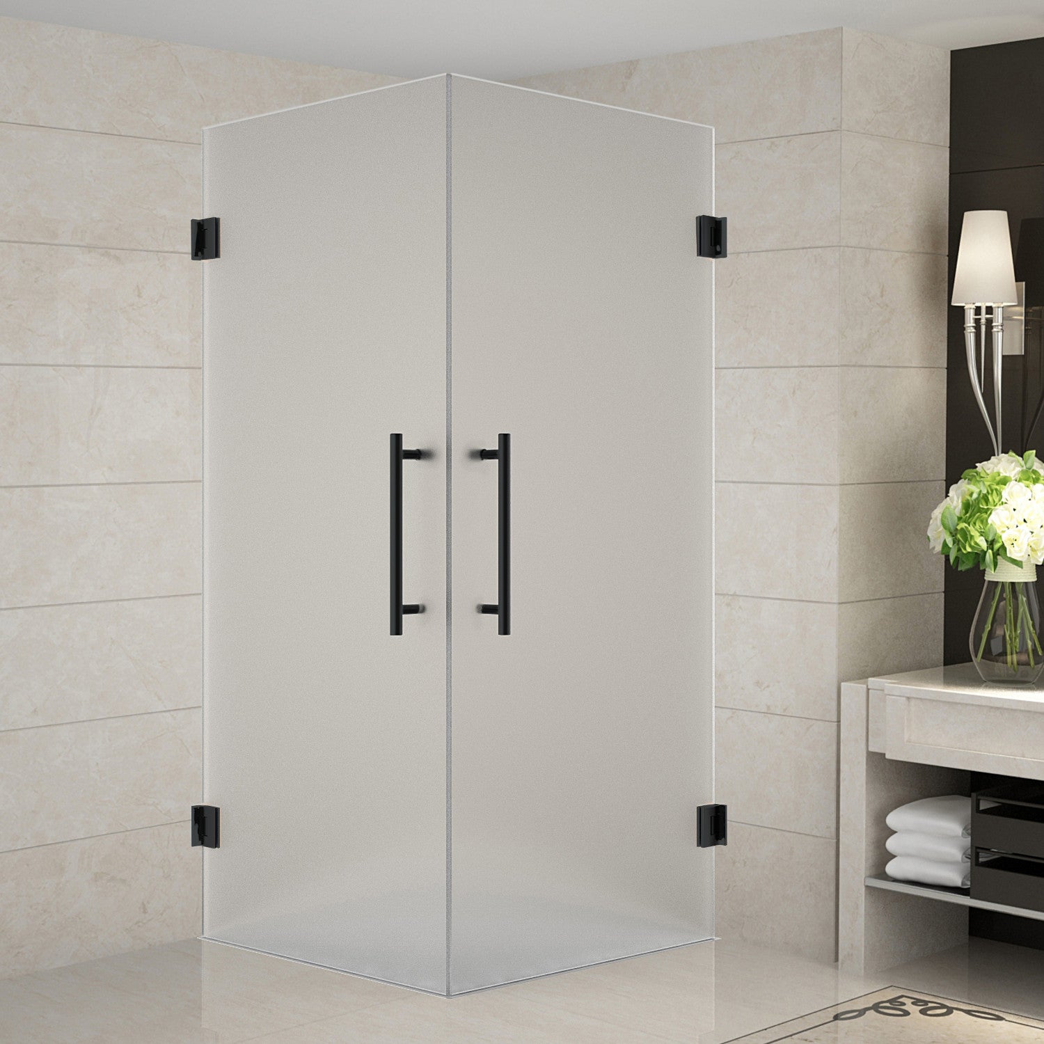Vanora 34 in. W x 34 in. D x 72 in. H Frameless Hinged Corner Shower Enclosure with Frosted Glass in Matte Black 1
