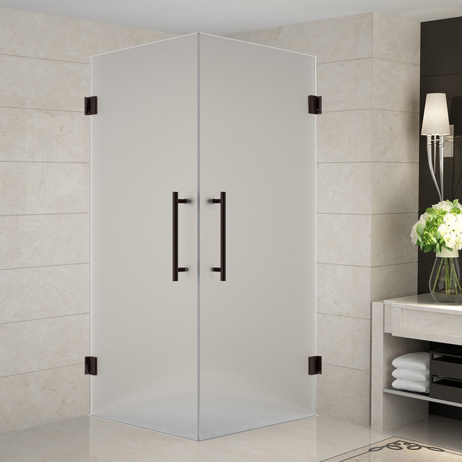 Vanora 38 in. W x 38 in. D x 72 in. H Frameless Hinged Corner Shower Enclosure with Frosted Glass in Bronze 1