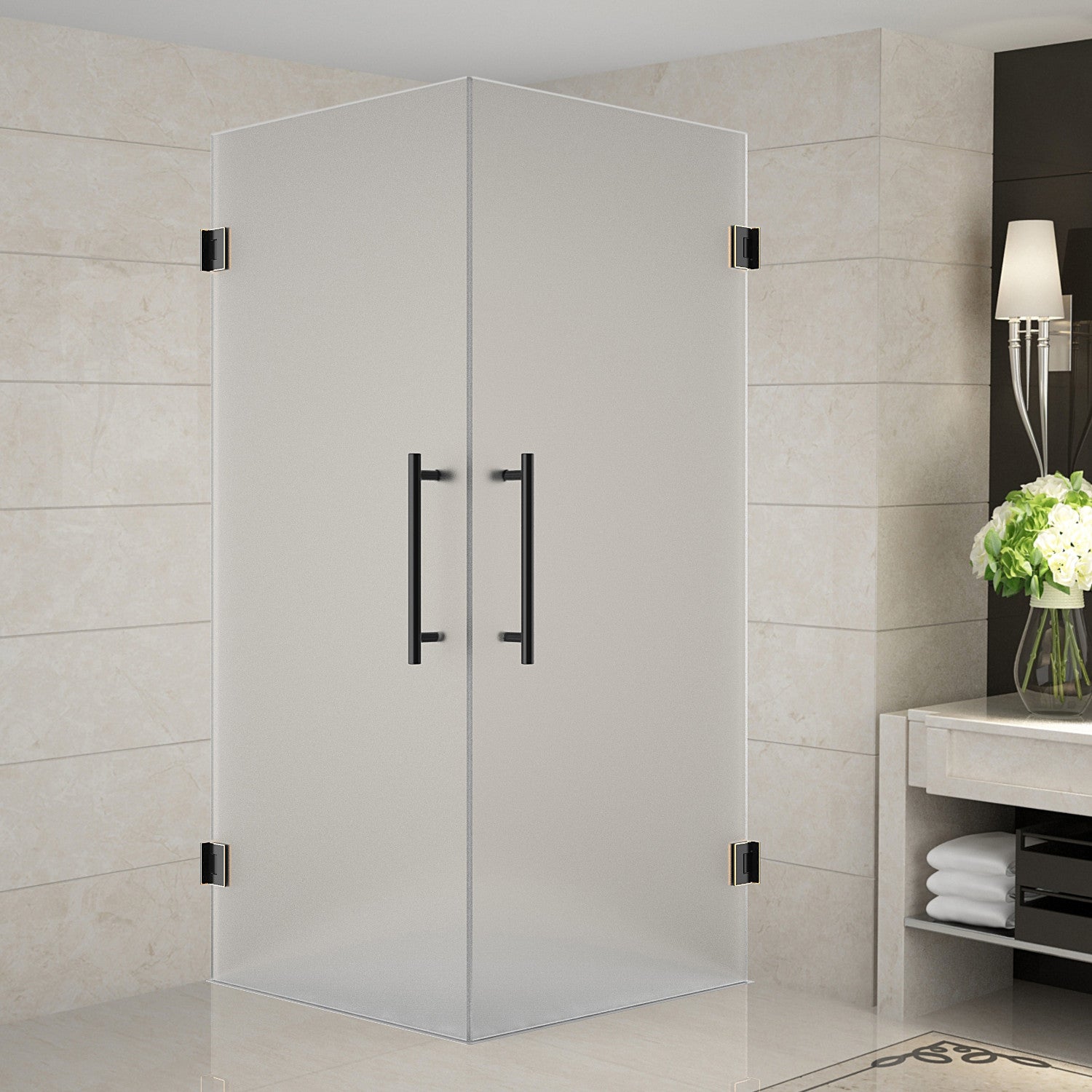 Vanora 32 in. W x 32 in. D x 72 in. H Frameless Hinged Corner Shower Enclosure with Frosted Glass in Oil Rubbed Bronze 1