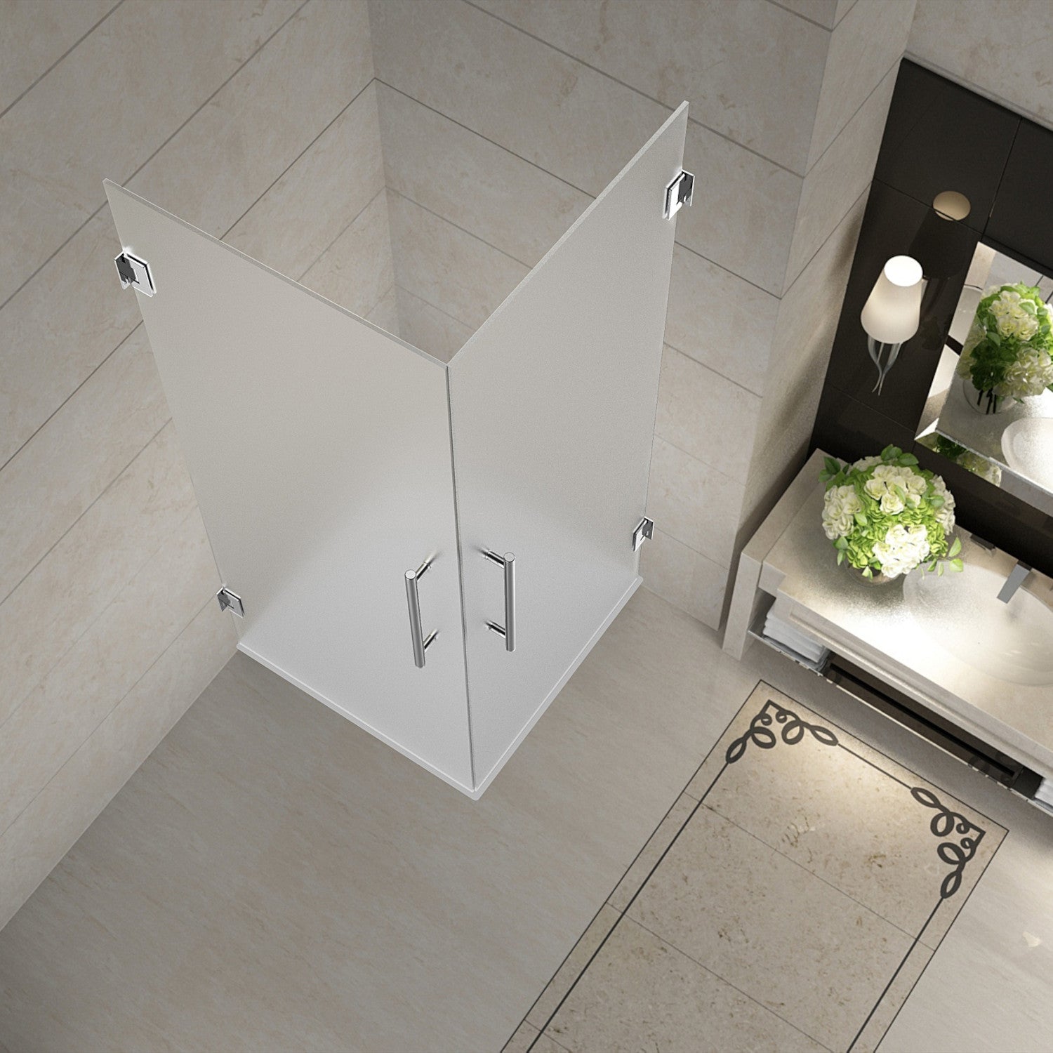 Vanora 34 in. W x 34 in. D x 72 in. H Frameless Hinged Corner Shower Enclosure with Frosted Glass in Stainless Steel 2