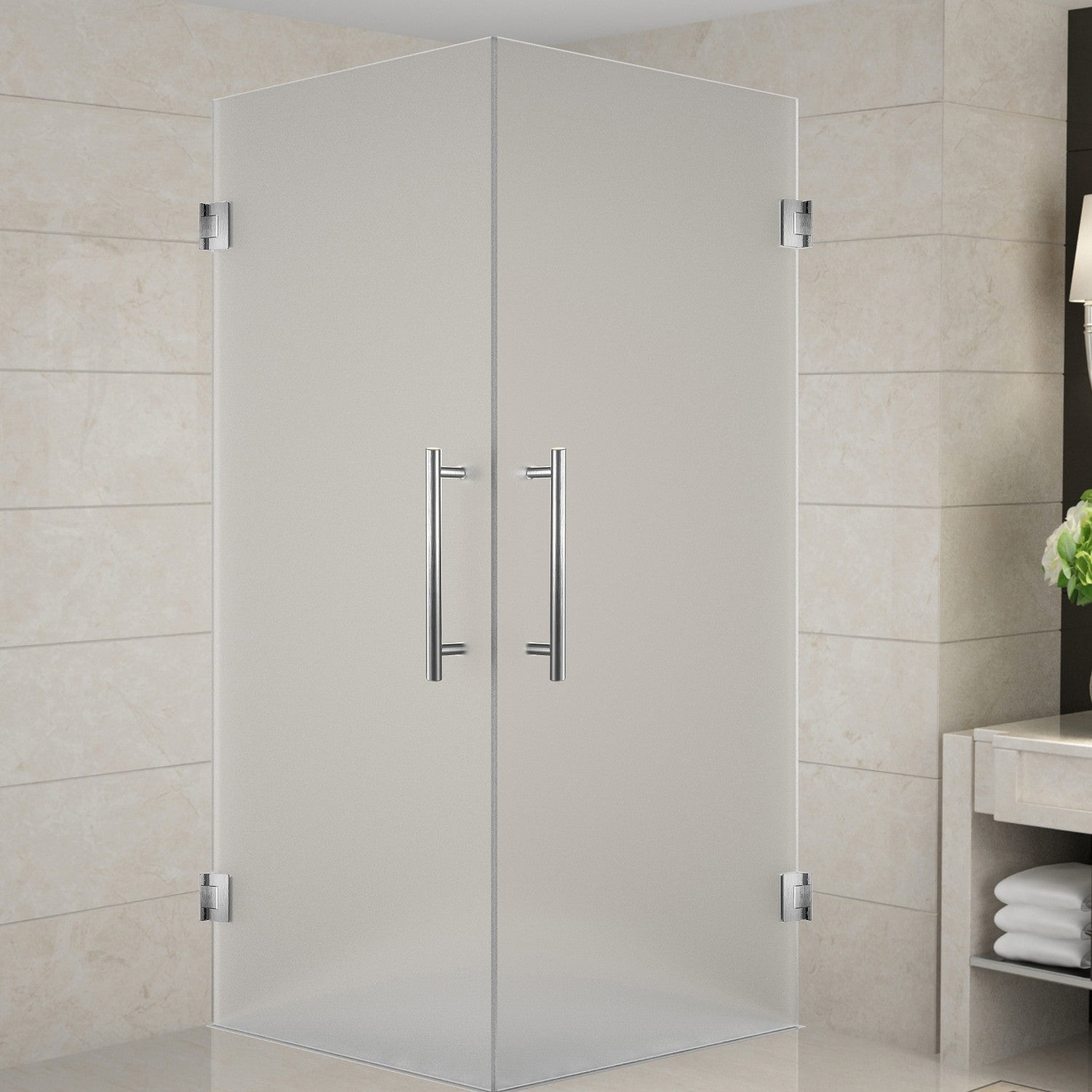 Vanora 34 in. W x 34 in. D x 72 in. H Frameless Hinged Corner Shower Enclosure with Frosted Glass in Stainless Steel 1