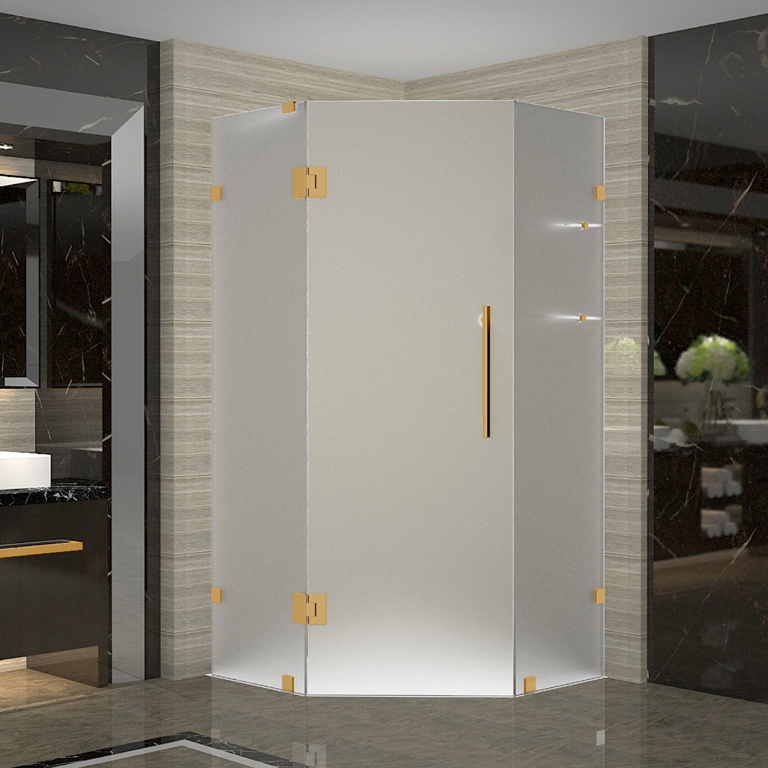 Neoscape GS 36 in. W x 36 in. D x 72 in. H Frameless Neo-Angle Hinged Shower Enclosure with Frosted Glass and Glass Shelves in Brushed Gold 1