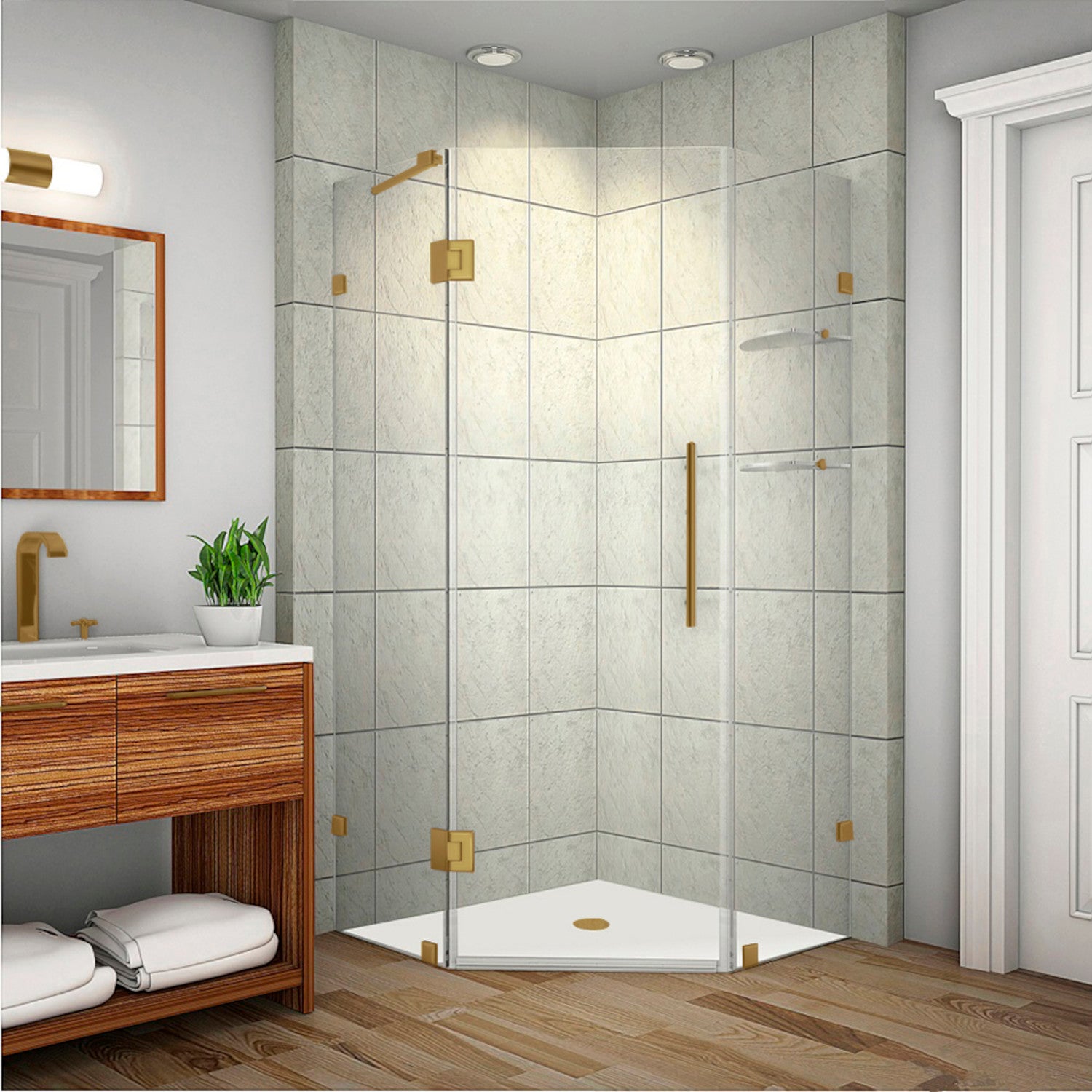 Neoscape GS 40 in. W x 40 in. D x 72 in. H Frameless Neo-Angle Hinged Shower Enclosure with Clear Glass and Glass Shelves in Brushed Gold 1