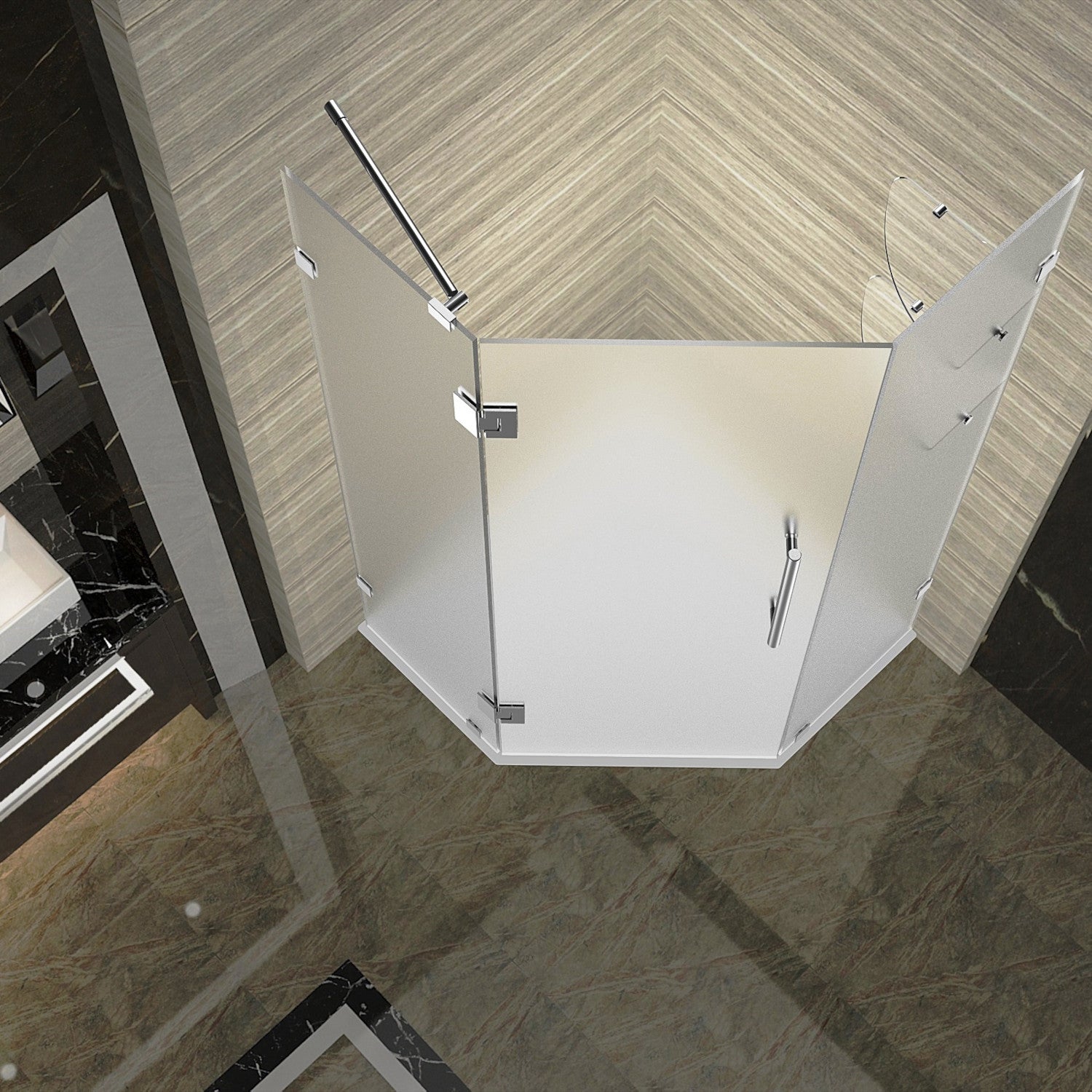 Neoscape GS 42 in. W x 42 in. D x 72 in. H Frameless Neo-Angle Hinged Shower Enclosure with Frosted Glass and Glass Shelves in Chrome 2