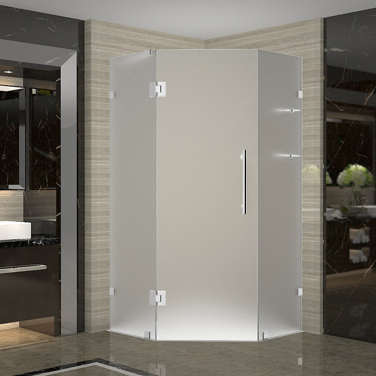 Neoscape GS 34 in. W x 34 in. D x 72 in. H Frameless Neo-Angle Hinged Shower Enclosure with Frosted Glass and Glass Shelves in Chrome 1