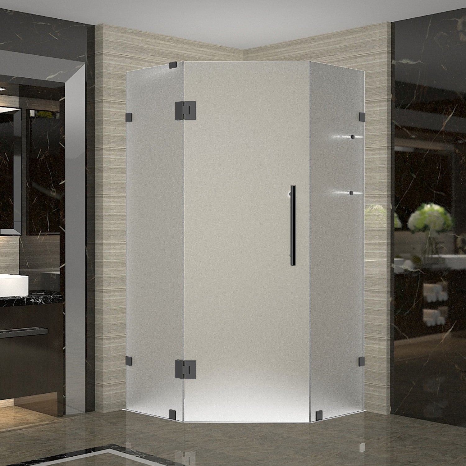 Neoscape GS 34 in. W x 34 in. D x 72 in. H Frameless Neo-Angle Hinged Shower Enclosure with Frosted Glass and Glass Shelves in Matte Black 1