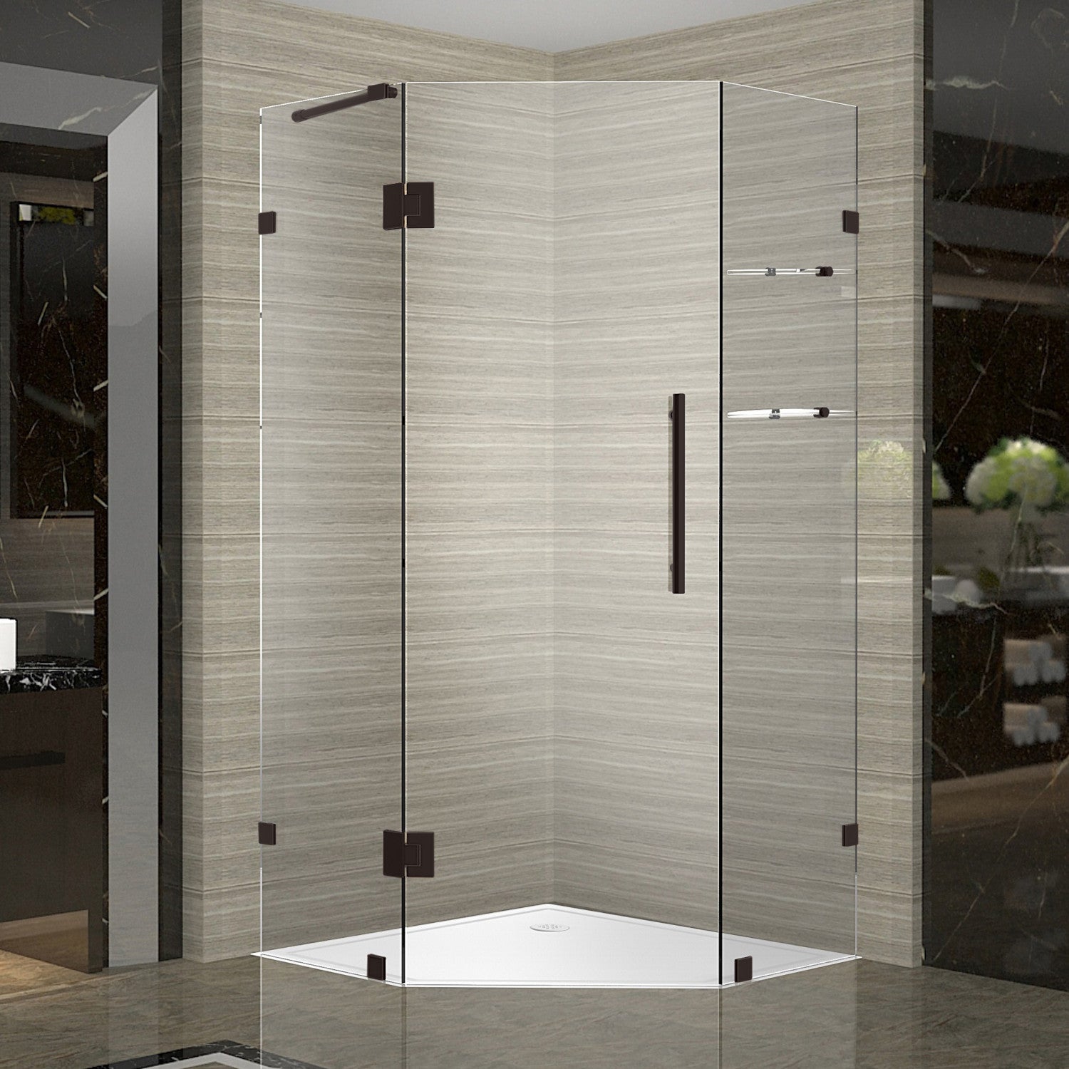 Neoscape GS 38 in. W x 38 in. D x 72 in. H Frameless Neo-Angle Hinged Shower Enclosure with Clear Glass and Glass Shelves in Bronze 1