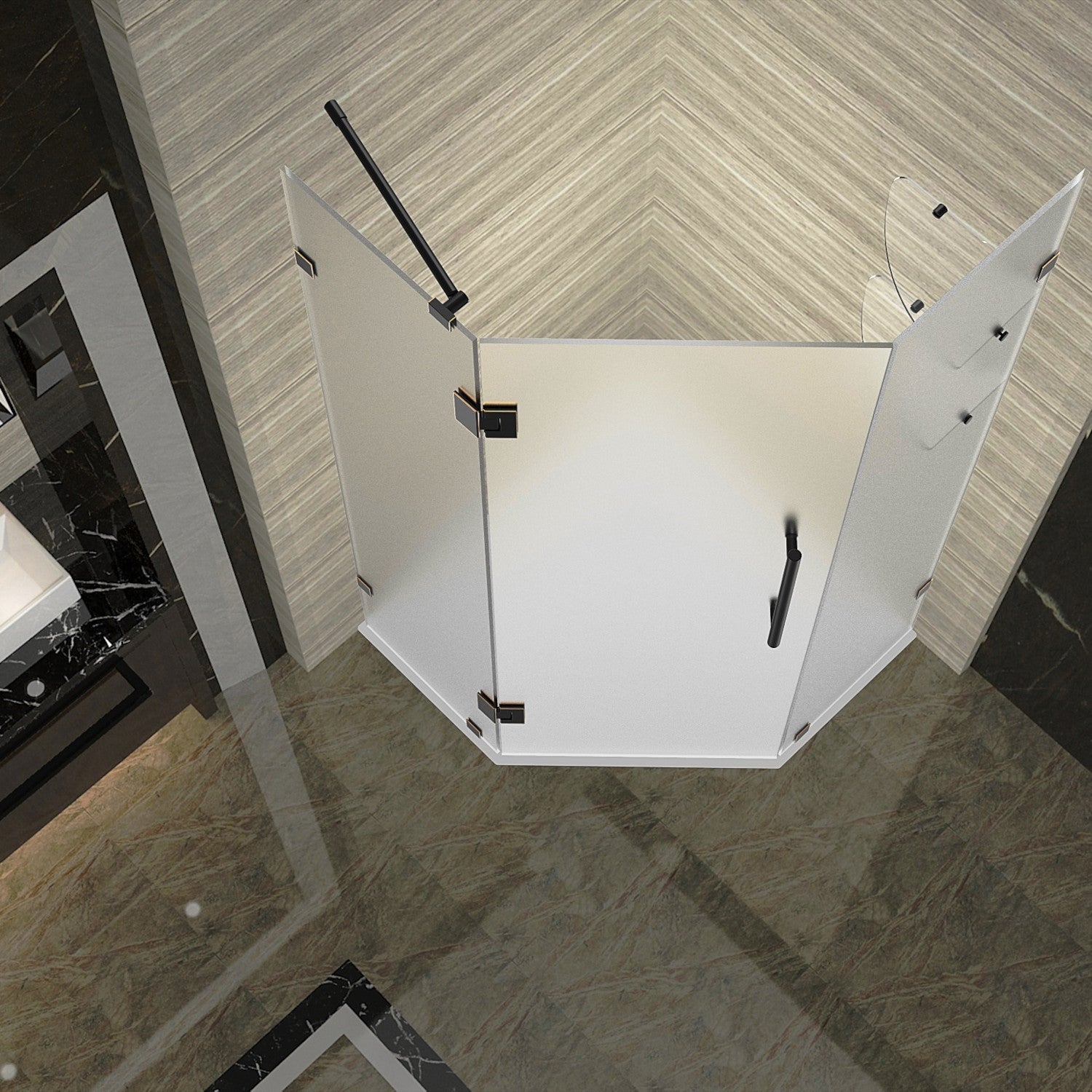Neoscape GS 42 in. W x 42 in. D x 72 in. H Frameless Neo-Angle Hinged Shower Enclosure with Frosted Glass and Glass Shelves in Oil Rubbed Bronze 2