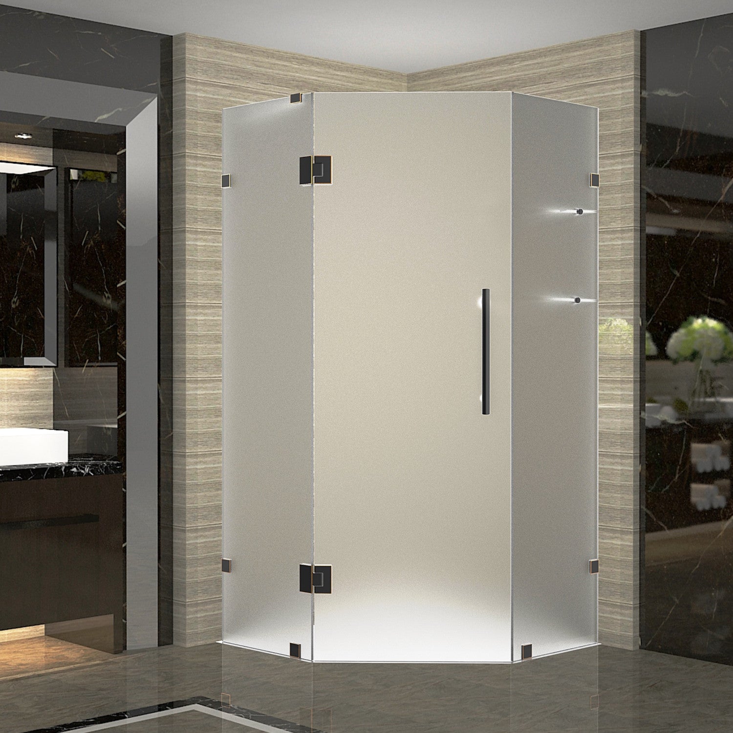 Neoscape GS 34 in. W x 34 in. D x 72 in. H Frameless Neo-Angle Hinged Shower Enclosure with Frosted Glass and Glass Shelves in Oil Rubbed Bronze 1
