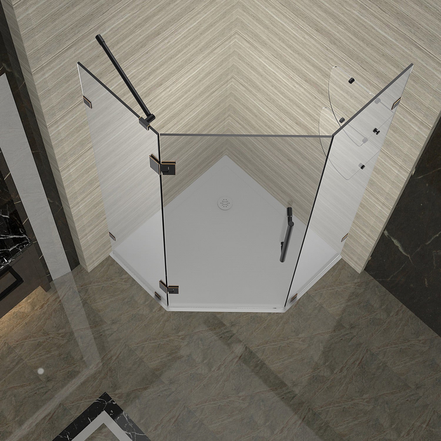 Neoscape GS 38 in. W x 38 in. D x 72 in. H Frameless Neo-Angle Hinged Shower Enclosure with Clear Glass and Glass Shelves in Oil Rubbed Bronze 2