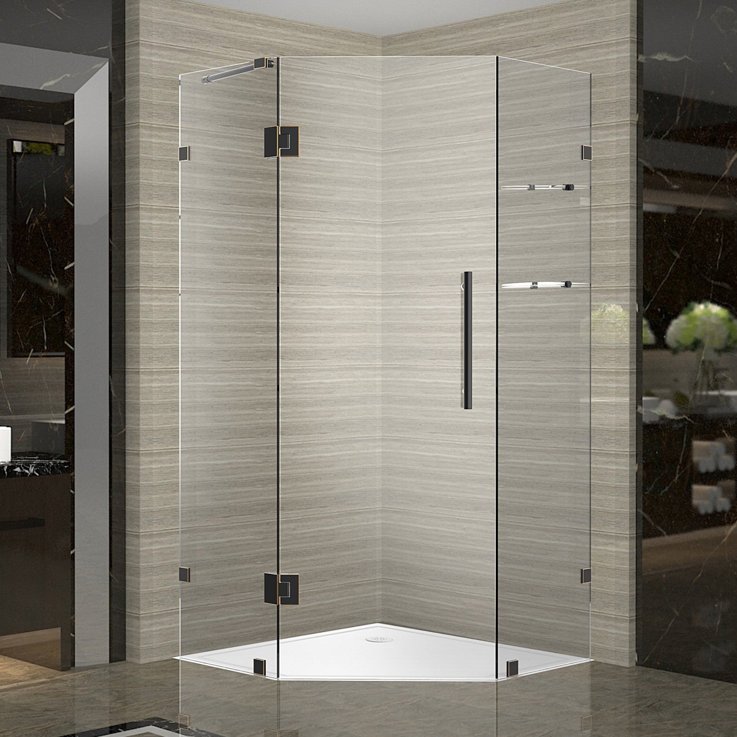 Neoscape GS 40 in. W x 40 in. D x 72 in. H Frameless Neo-Angle Hinged Shower Enclosure with Clear Glass and Glass Shelves in Oil Rubbed Bronze 1