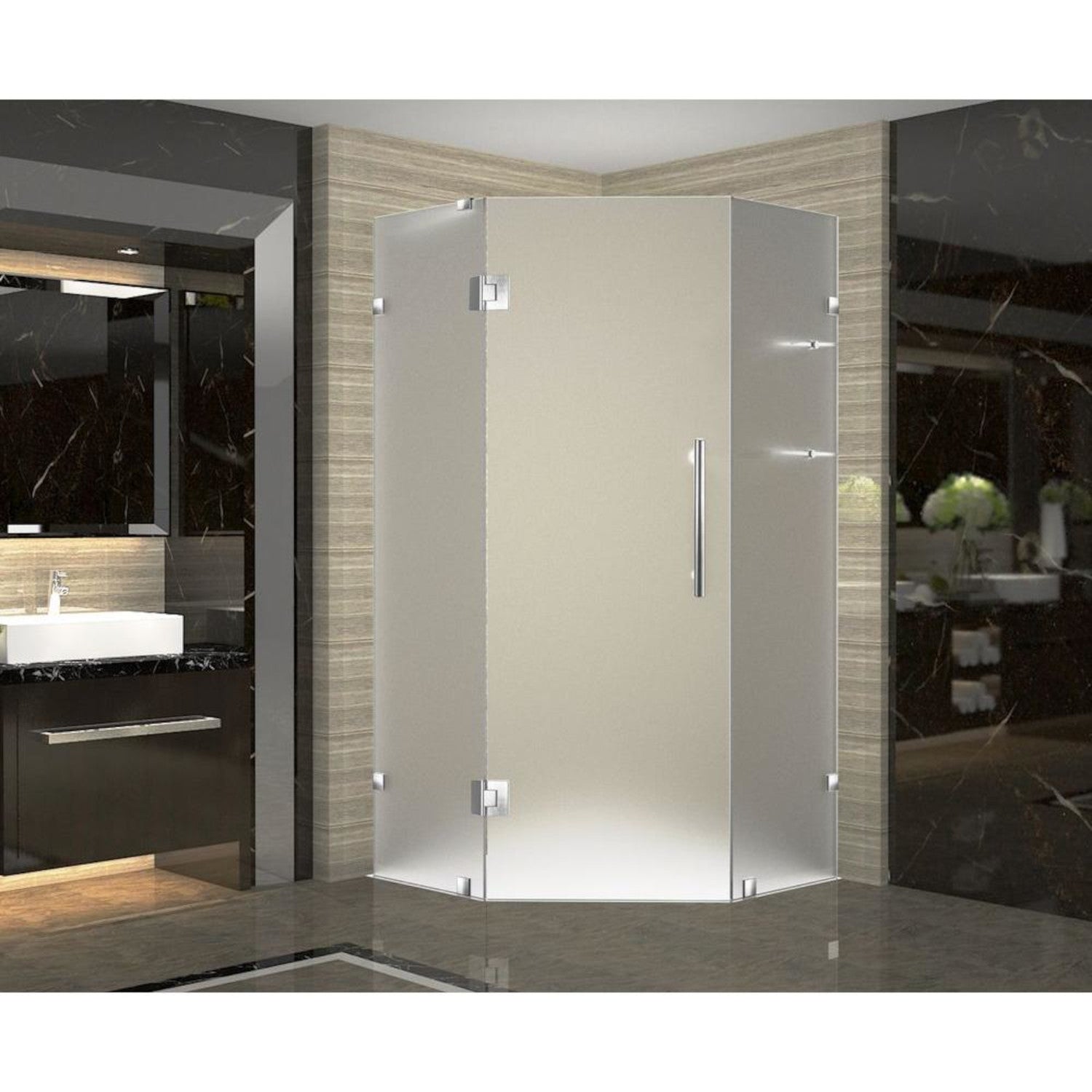 Neoscape GS 34 in. W x 34 in. D x 72 in. H Frameless Neo-Angle Hinged Shower Enclosure with Frosted Glass and Glass Shelves in Stainless Steel 1