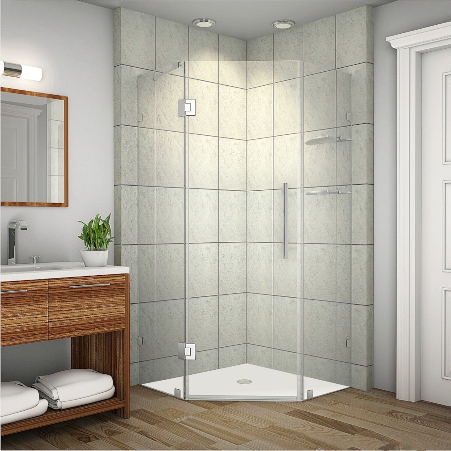 Neoscape GS 42 in. W x 42 in. D x 72 in. H Frameless Neo-Angle Hinged Shower Enclosure with Clear Glass and Glass Shelves in Stainless Steel 1