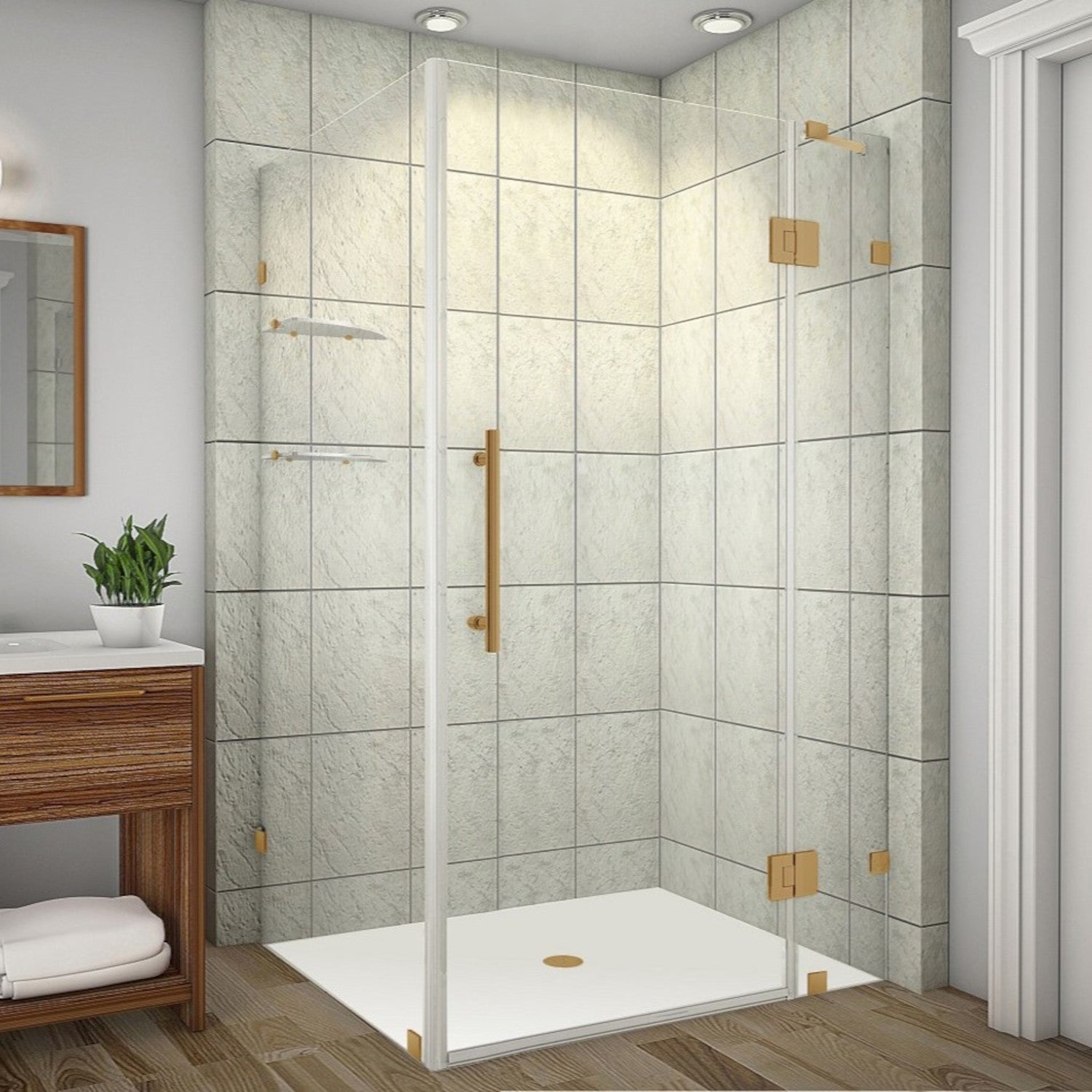 Avalux GS 40 in. W x 30 in. D x 72 in. H Frameless Hinged Shower Enclosure with Clear Glass and Glass Shelves in Brushed Gold 1