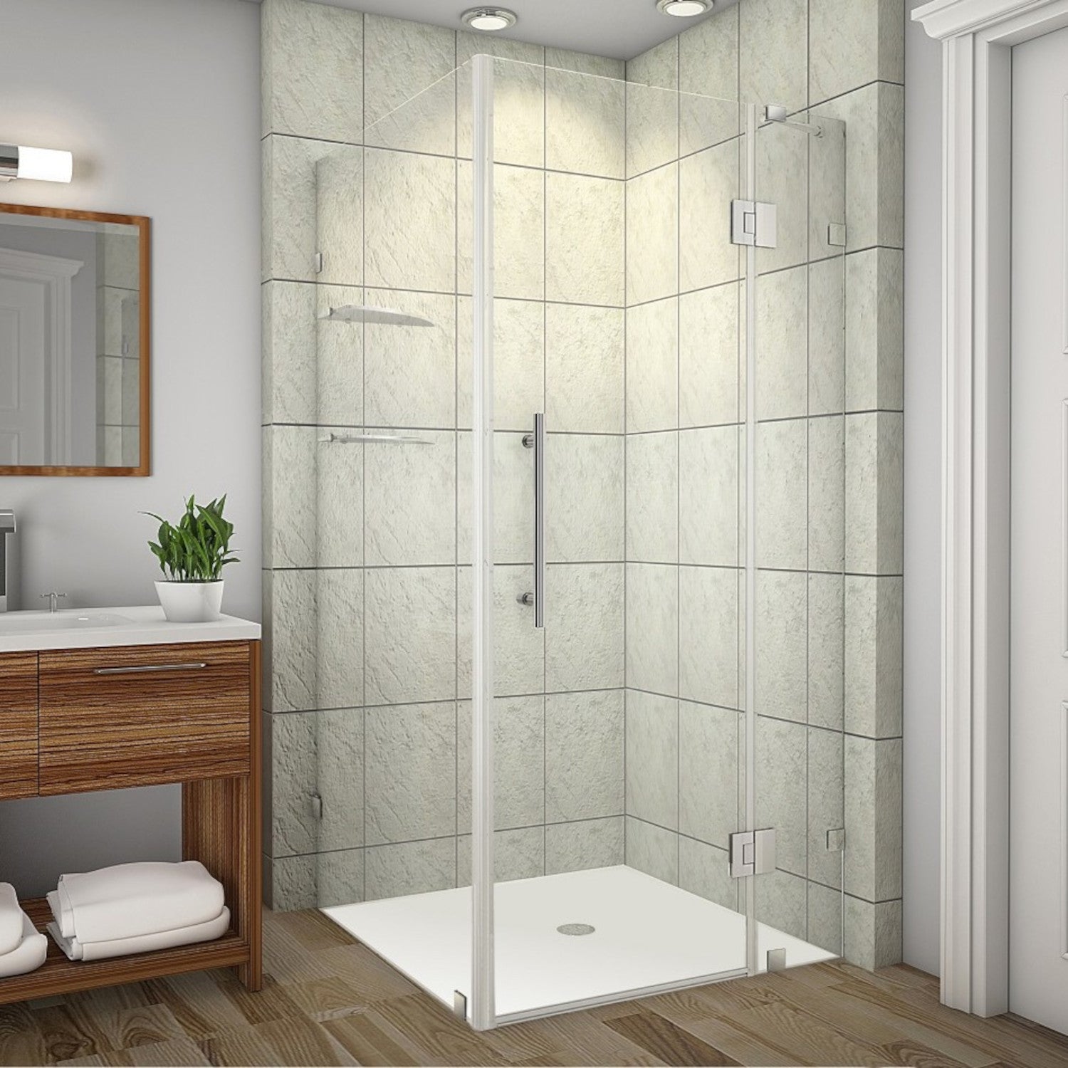 Avalux GS 32 in. W x 32 in. D x 72 in. H Frameless Hinged Shower Enclosure with Clear Glass and Glass Shelves in Chrome 1
