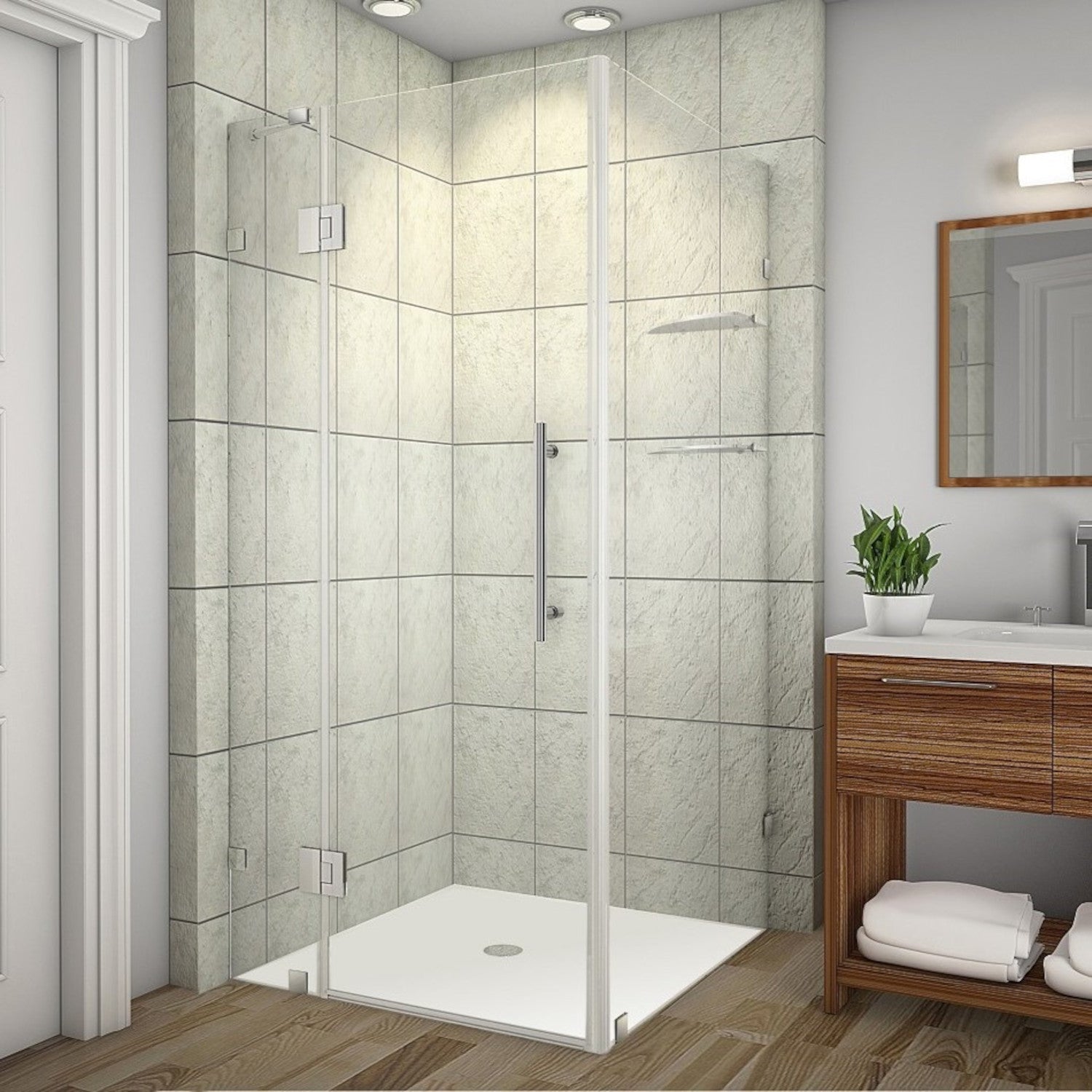 Avalux GS 32 in. W x 32 in. D x 72 in. H Frameless Hinged Shower Enclosure with Clear Glass and Glass Shelves in Chrome 2