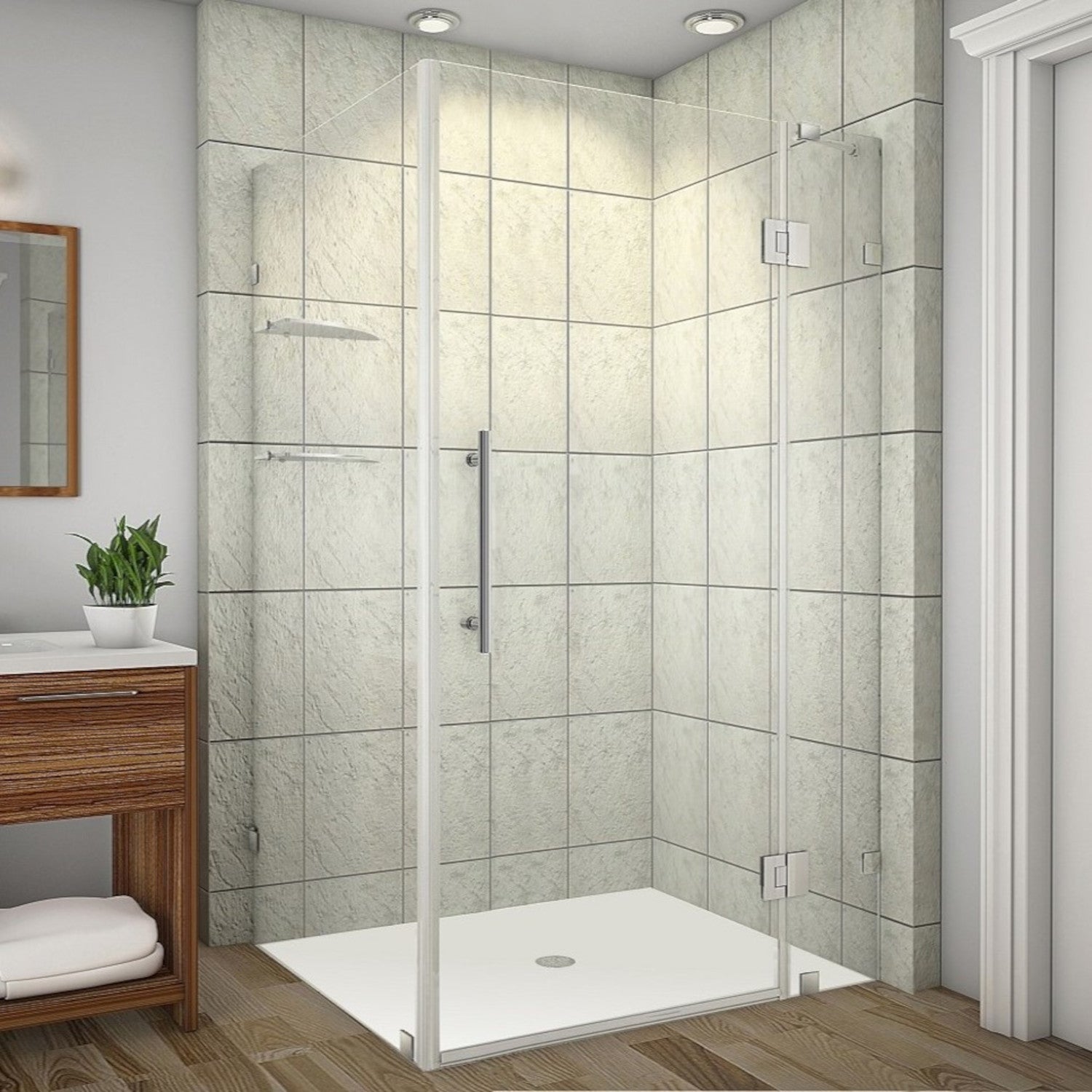 Avalux GS 43 in. W x 36 in. D x 72 in. H Frameless Hinged Shower Enclosure with Clear Glass and Glass Shelves in Chrome 1