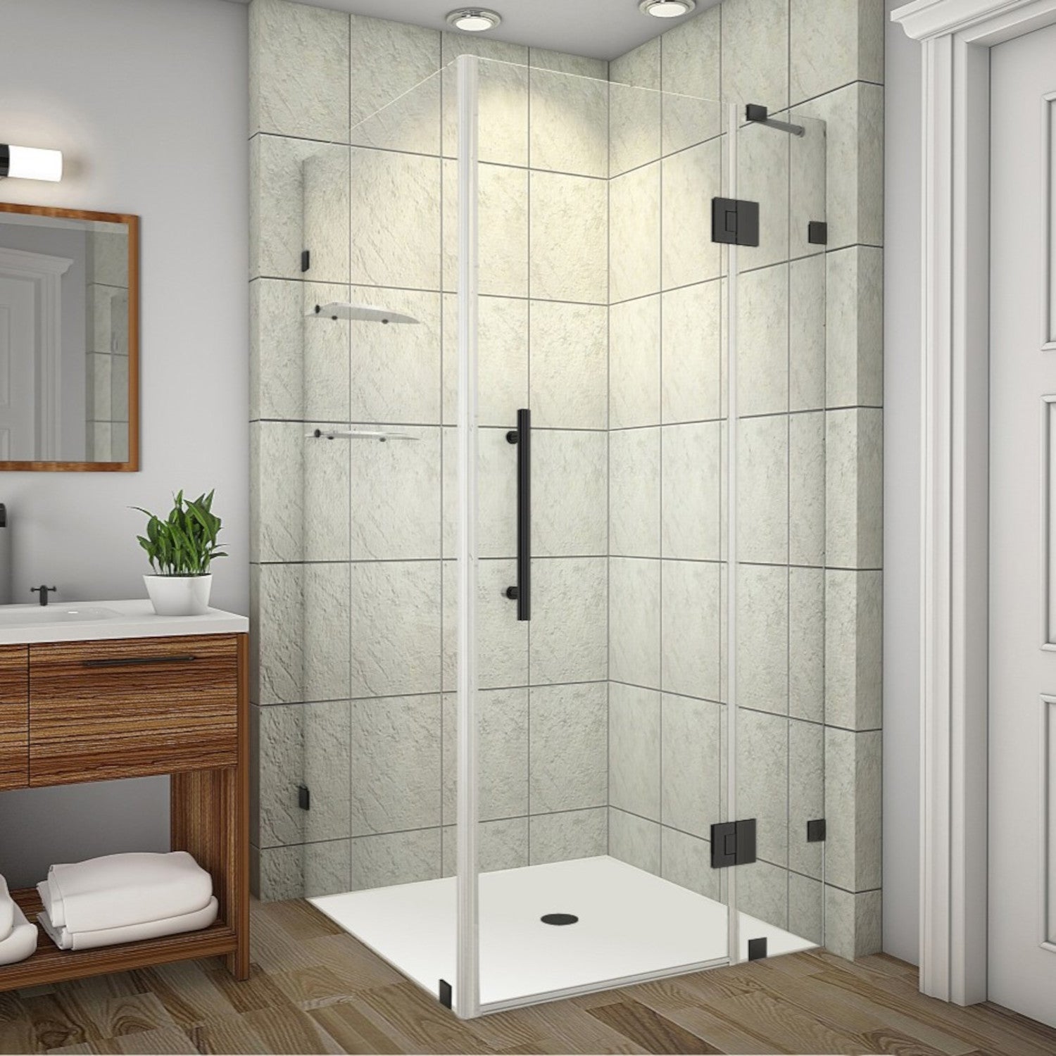 Avalux GS 32 in. W x 32 in. D x 72 in. H Frameless Hinged Shower Enclosure with Clear Glass and Glass Shelves in Matte Black 1