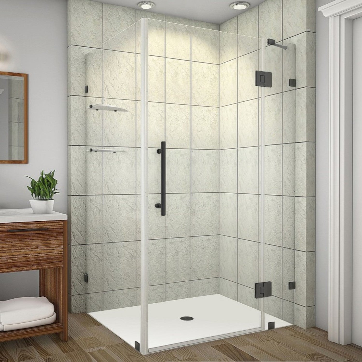 Avalux GS 43 in. W x 38 in. D x 72 in. H Frameless Hinged Shower Enclosure with Clear Glass and Glass Shelves in Matte Black 1