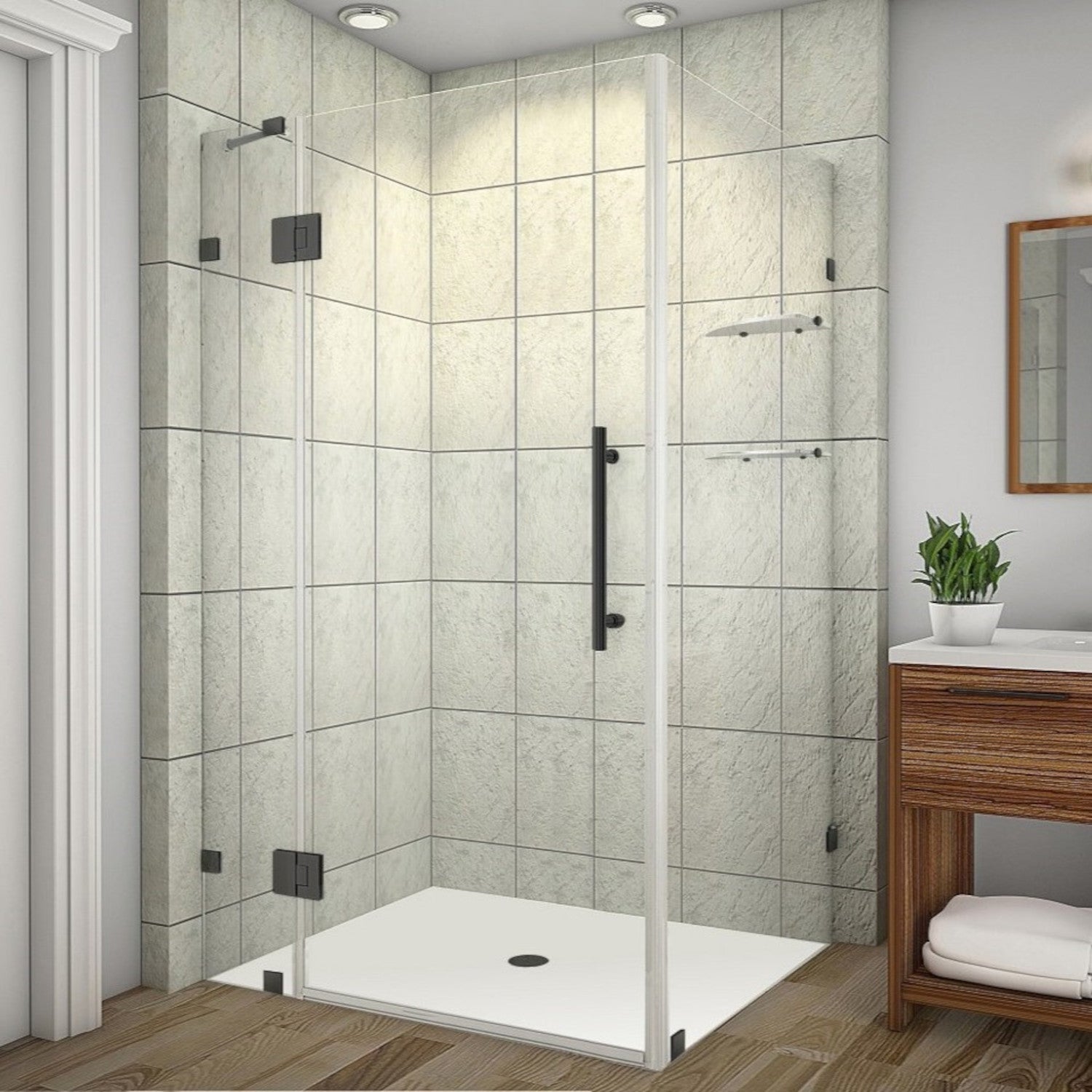 Avalux GS 47 in. W x 34 in. D x 72 in. H Frameless Hinged Shower Enclosure with Clear Glass and Glass Shelves in Matte Black 2