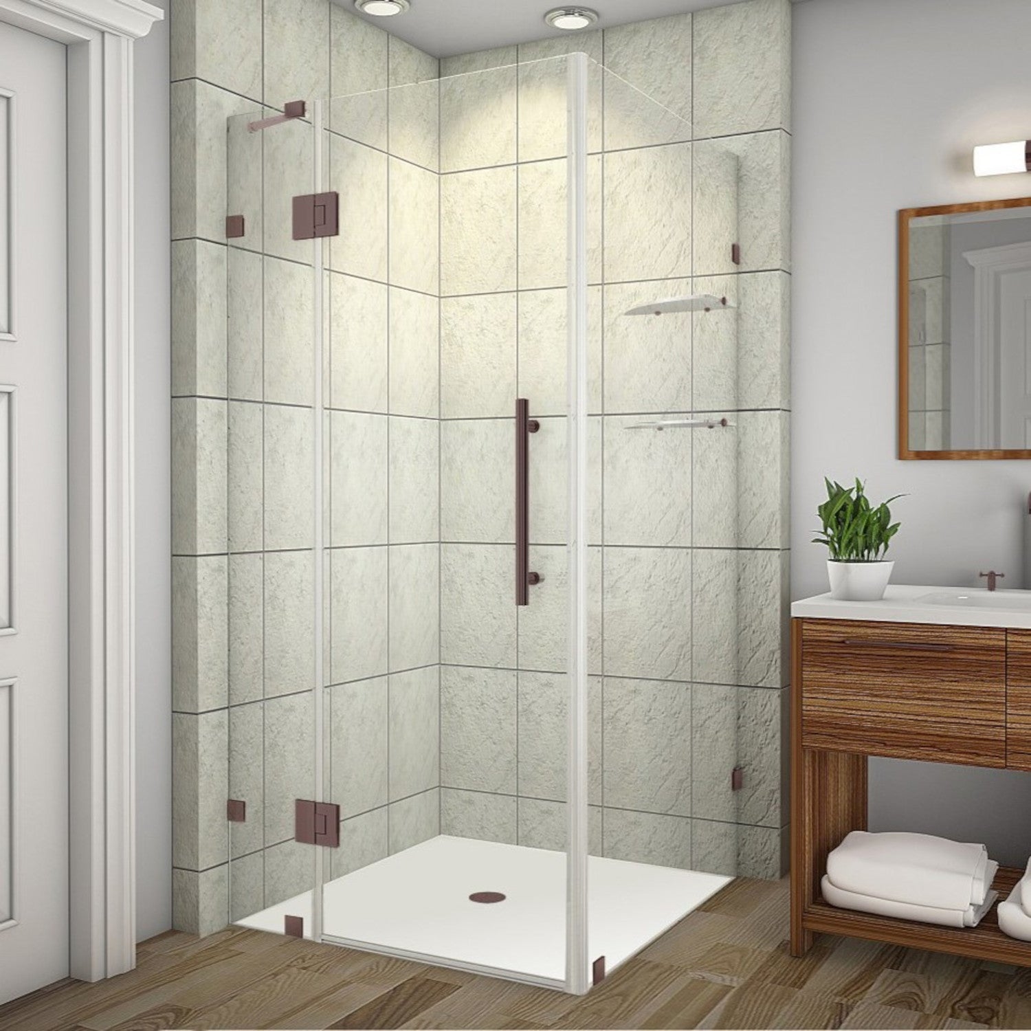 Avalux GS 32 in. W x 32 in. D x 72 in. H Frameless Hinged Shower Enclosure with Clear Glass and Glass Shelves in Bronze 2