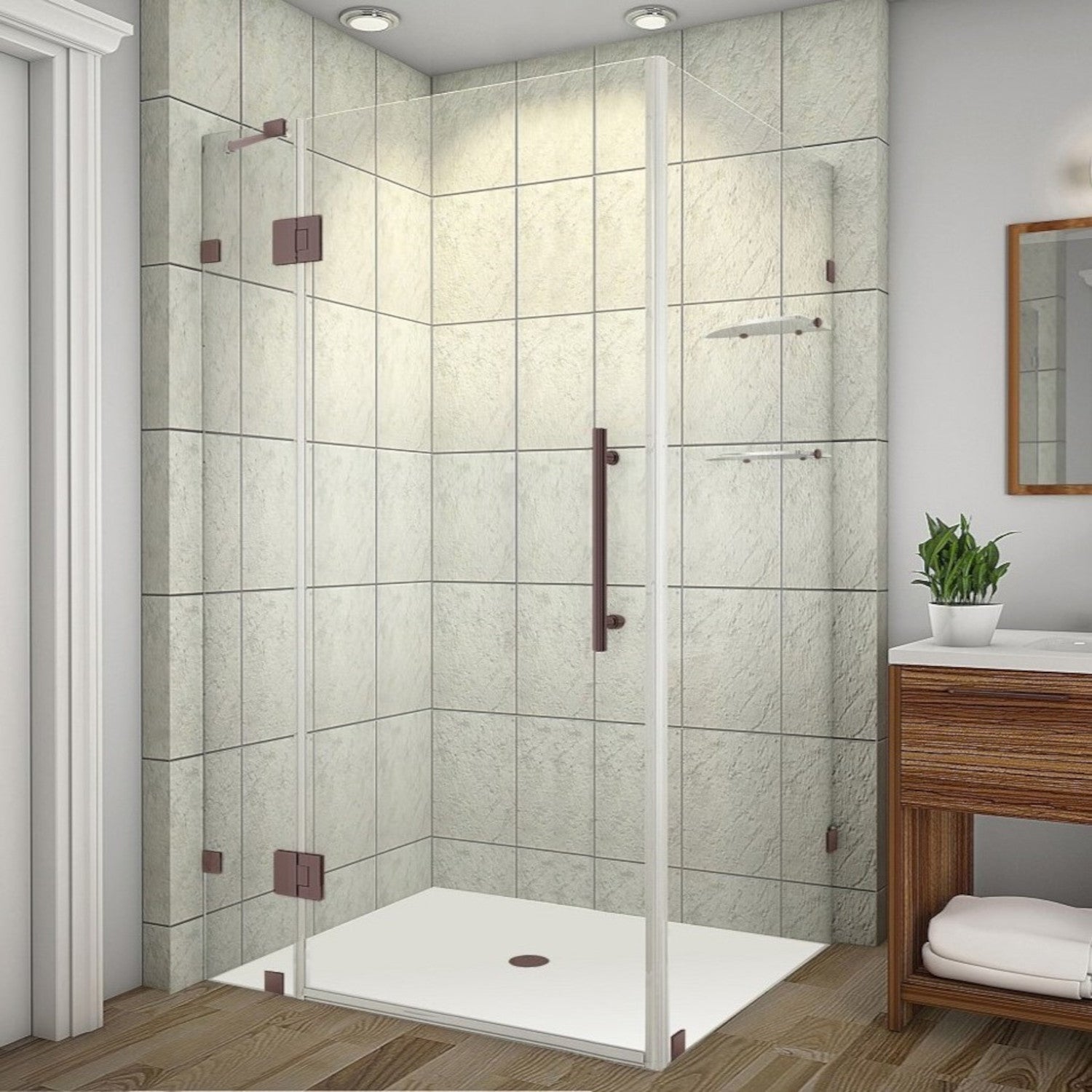 Avalux GS 55 in. W x 38 in. D x 72 in. H Frameless Hinged Shower Enclosure with Clear Glass and Glass Shelves in Bronze 2